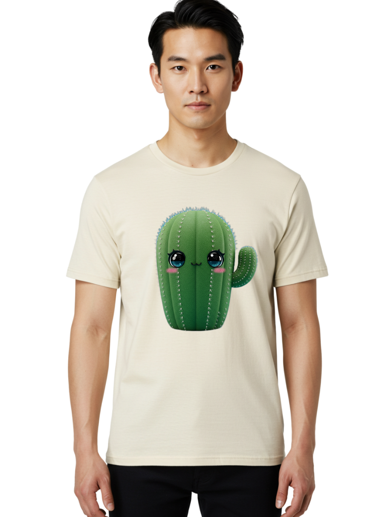 Cute-Cactus Men'S Graphic Tee, 100% Cotton, Comfortable Casual Summer Wear, Machine Washable, Cartoon Cactus, Cute Plush Toy, Adorable Desert Plant, Kawaii Character, Soft Toy, Blue Eyes, Smiling Face, Pink Cheeks Bac962