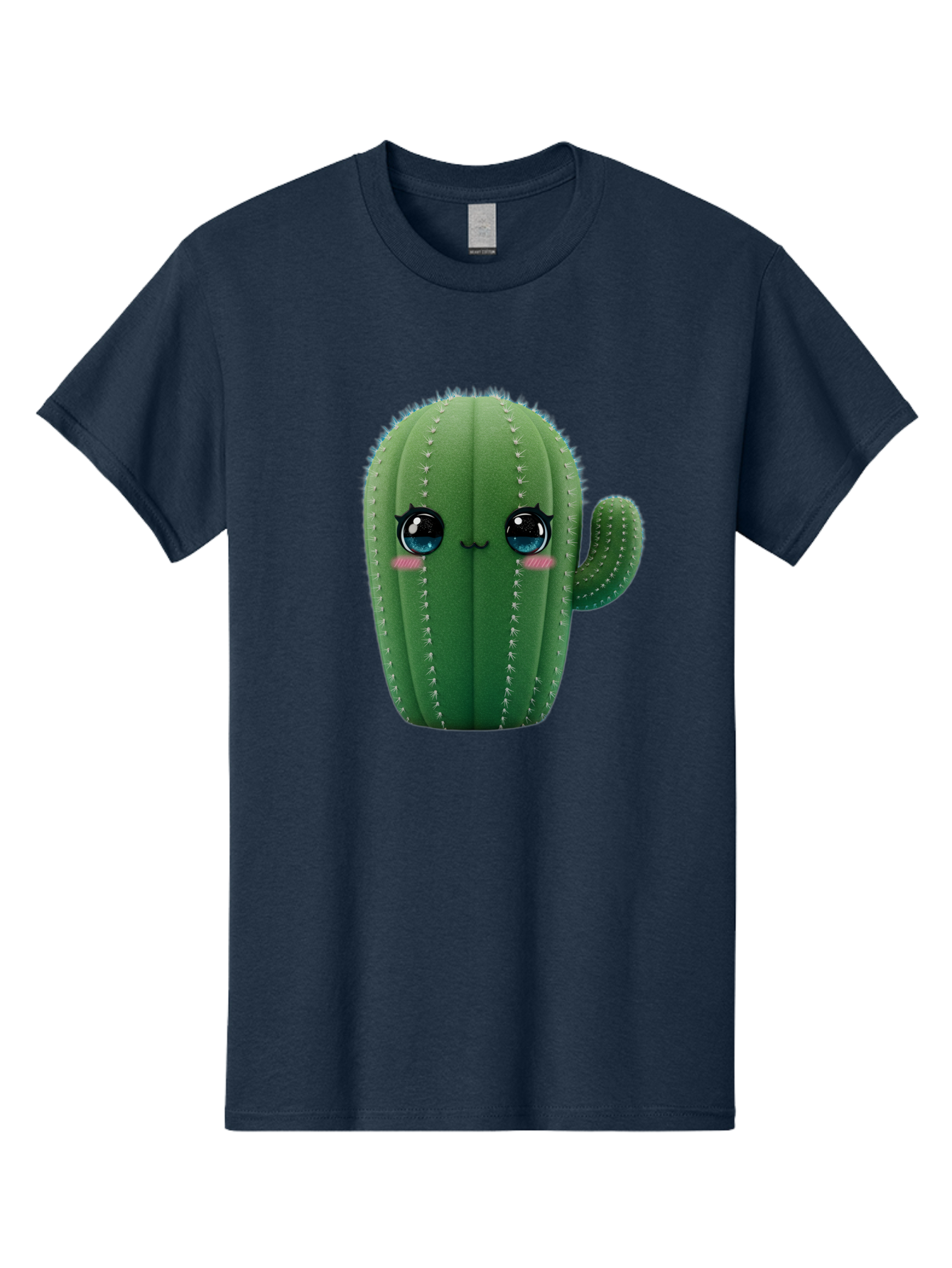 Cute-Cactus Men'S Graphic Tee, 100% Cotton, Comfortable Casual Summer Wear, Machine Washable, Cartoon Cactus, Cute Plush Toy, Adorable Desert Plant, Kawaii Character, Soft Toy, Blue Eyes, Smiling Face, Pink Cheeks Bac962