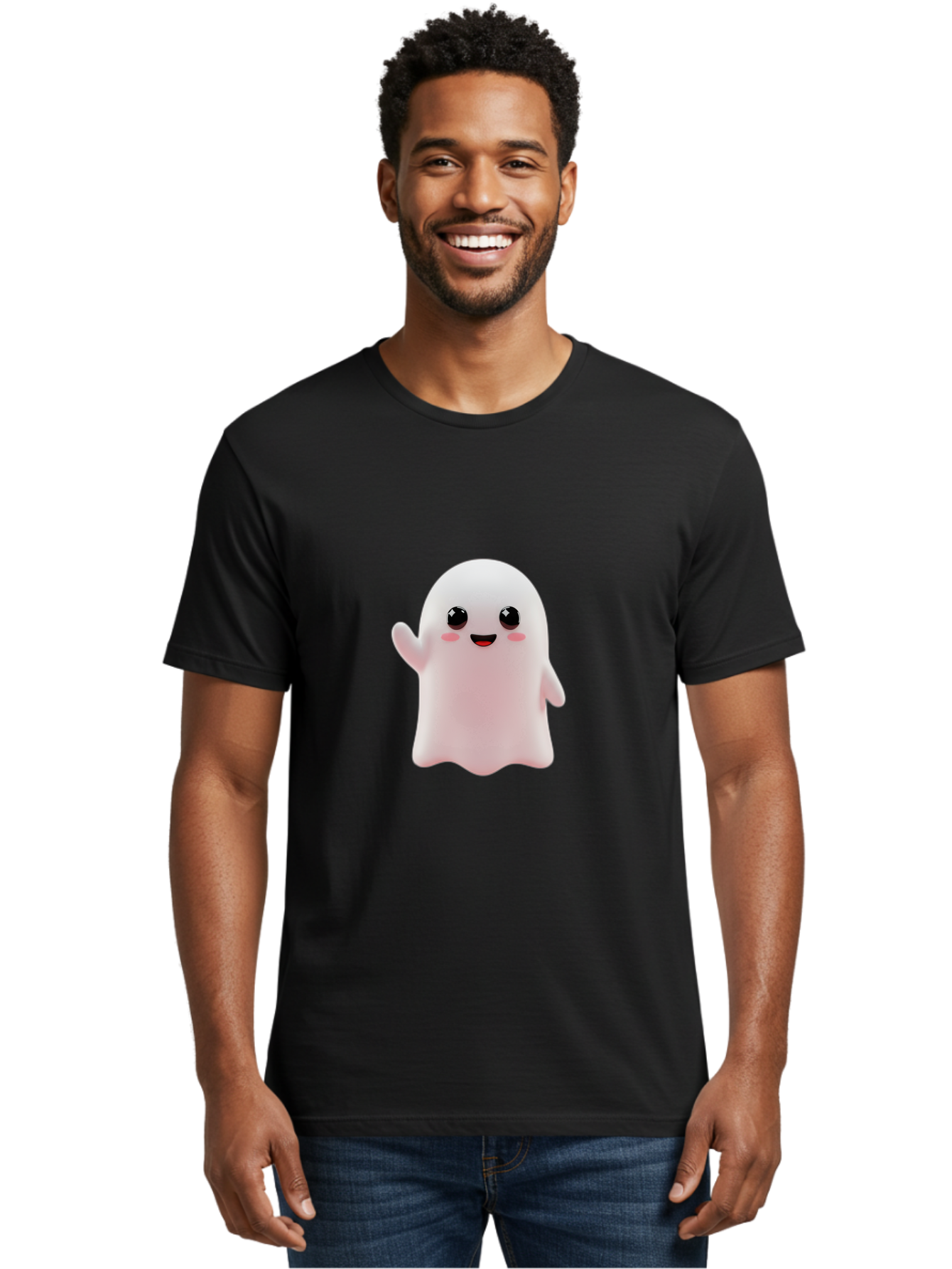 Cute-Ghost Men'S Graphic Tee, 100% Cotton, Comfortable Casual Summer Wear, Machine Washable, Happy Ghost, Cartoon Character, Friendly Spirit, Kawaii Design, Smiling Face, Waving Hand, Adorable Illustration, Cute Eyes, Playful Gesture, Bac963
