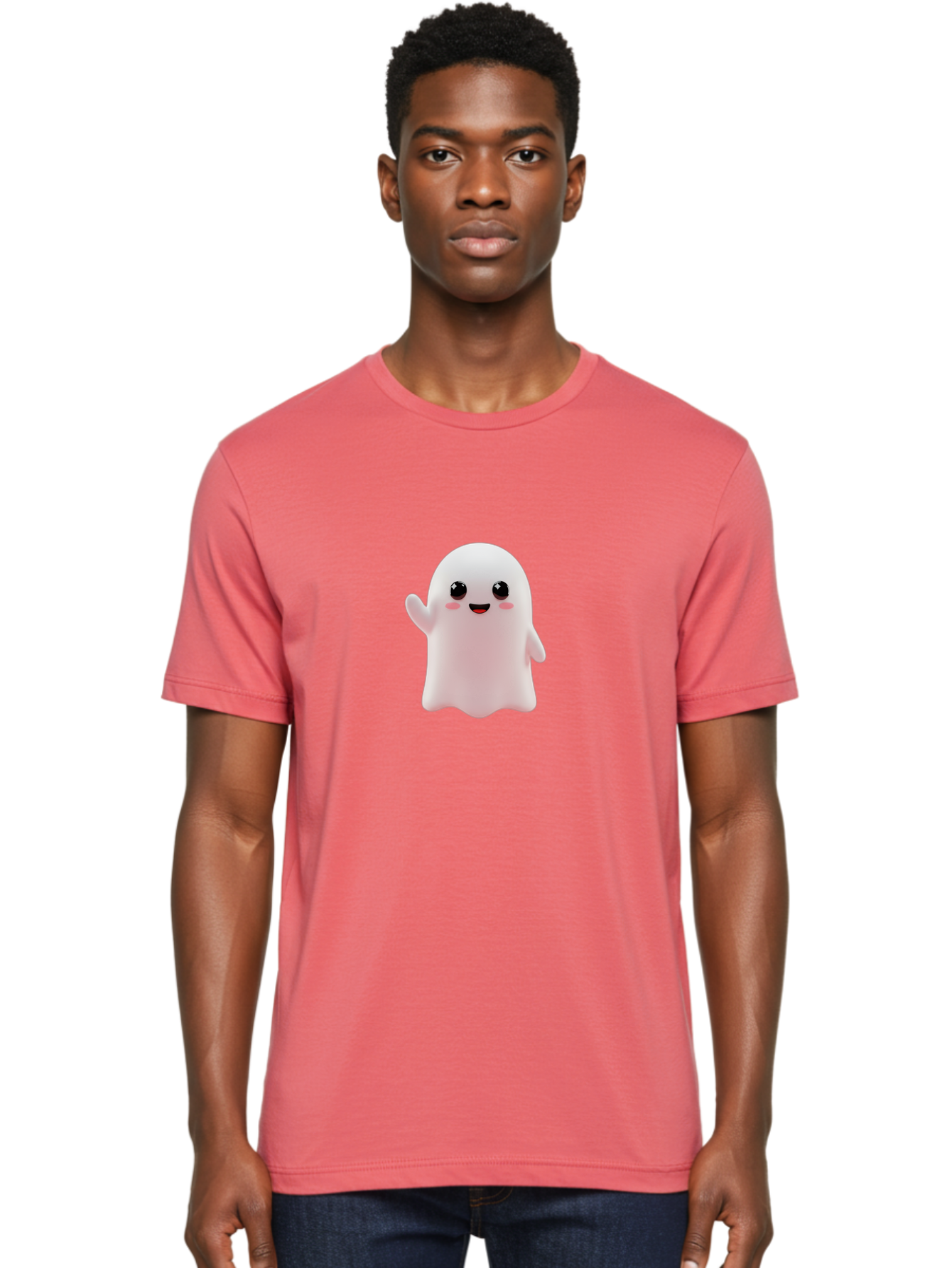 Cute-Ghost Men'S Graphic Tee, 100% Cotton, Comfortable Casual Summer Wear, Machine Washable, Happy Ghost, Cartoon Character, Friendly Spirit, Kawaii Design, Smiling Face, Waving Hand, Adorable Illustration, Cute Eyes, Playful Gesture, Bac963