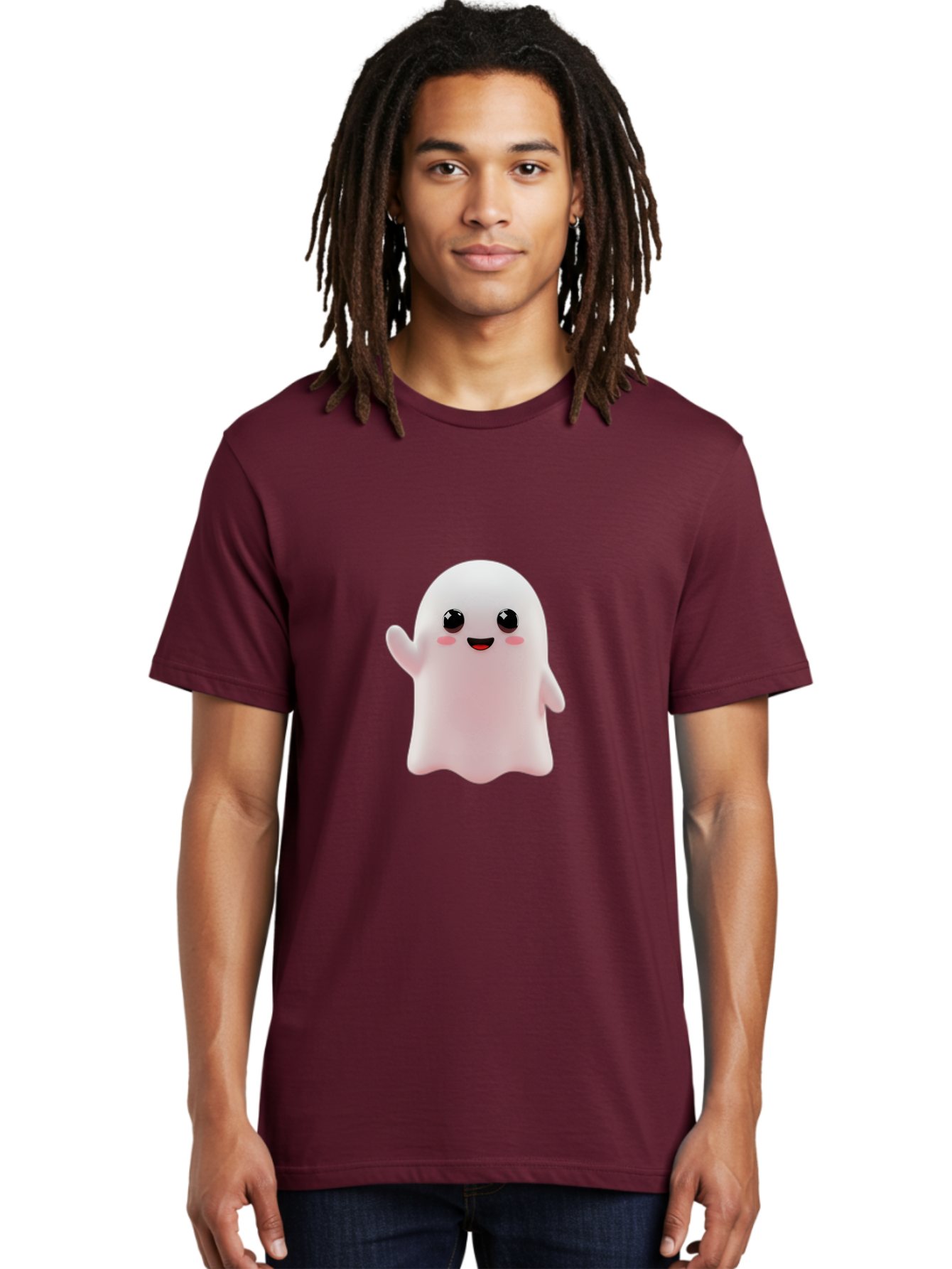 Cute-Ghost Men'S Graphic Tee, 100% Cotton, Comfortable Casual Summer Wear, Machine Washable, Happy Ghost, Cartoon Character, Friendly Spirit, Kawaii Design, Smiling Face, Waving Hand, Adorable Illustration, Cute Eyes, Playful Gesture, Bac963