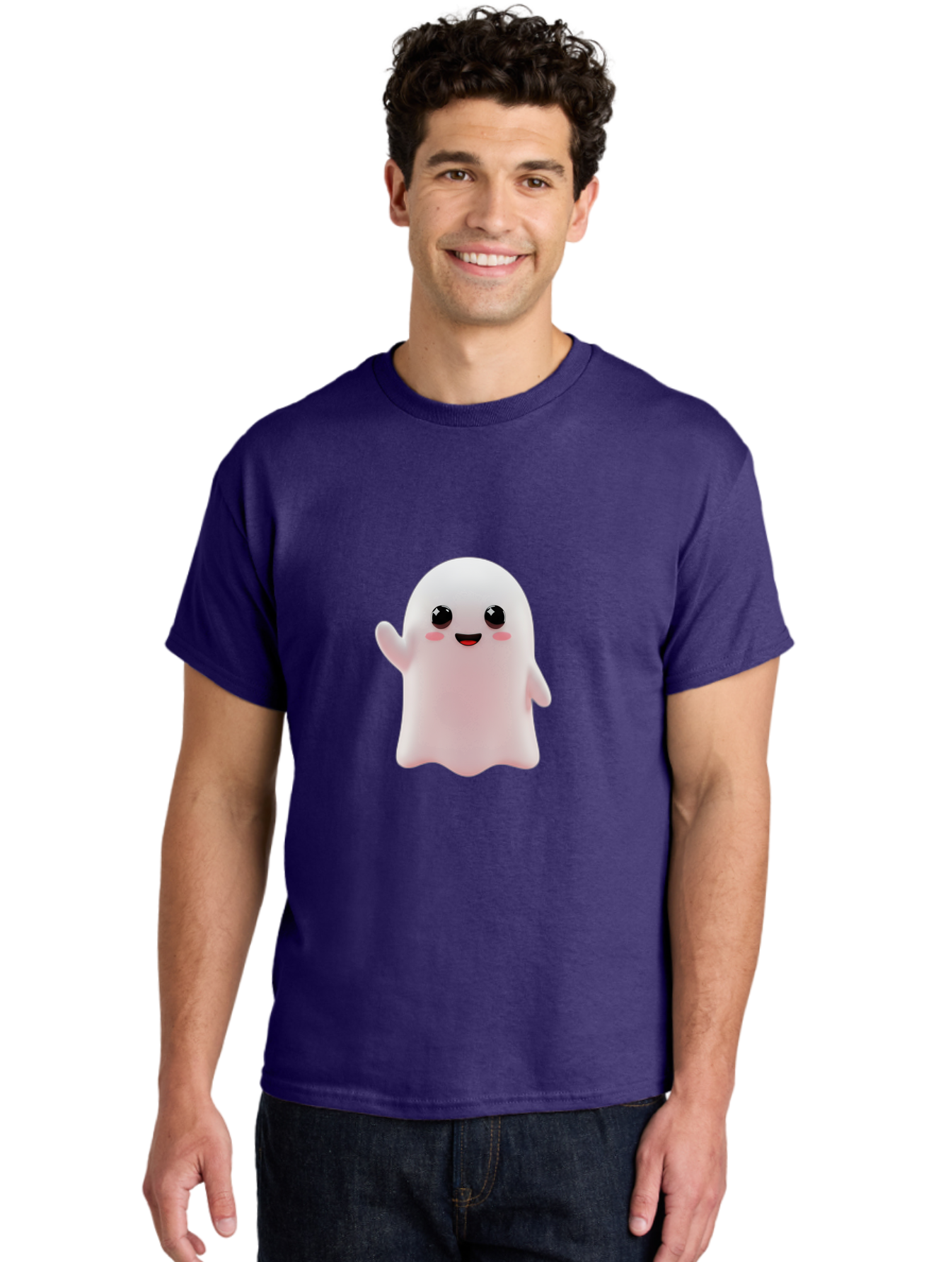 Cute-Ghost Men'S Graphic Tee, 100% Cotton, Comfortable Casual Summer Wear, Machine Washable, Happy Ghost, Cartoon Character, Friendly Spirit, Kawaii Design, Smiling Face, Waving Hand, Adorable Illustration, Cute Eyes, Playful Gesture, Bac963