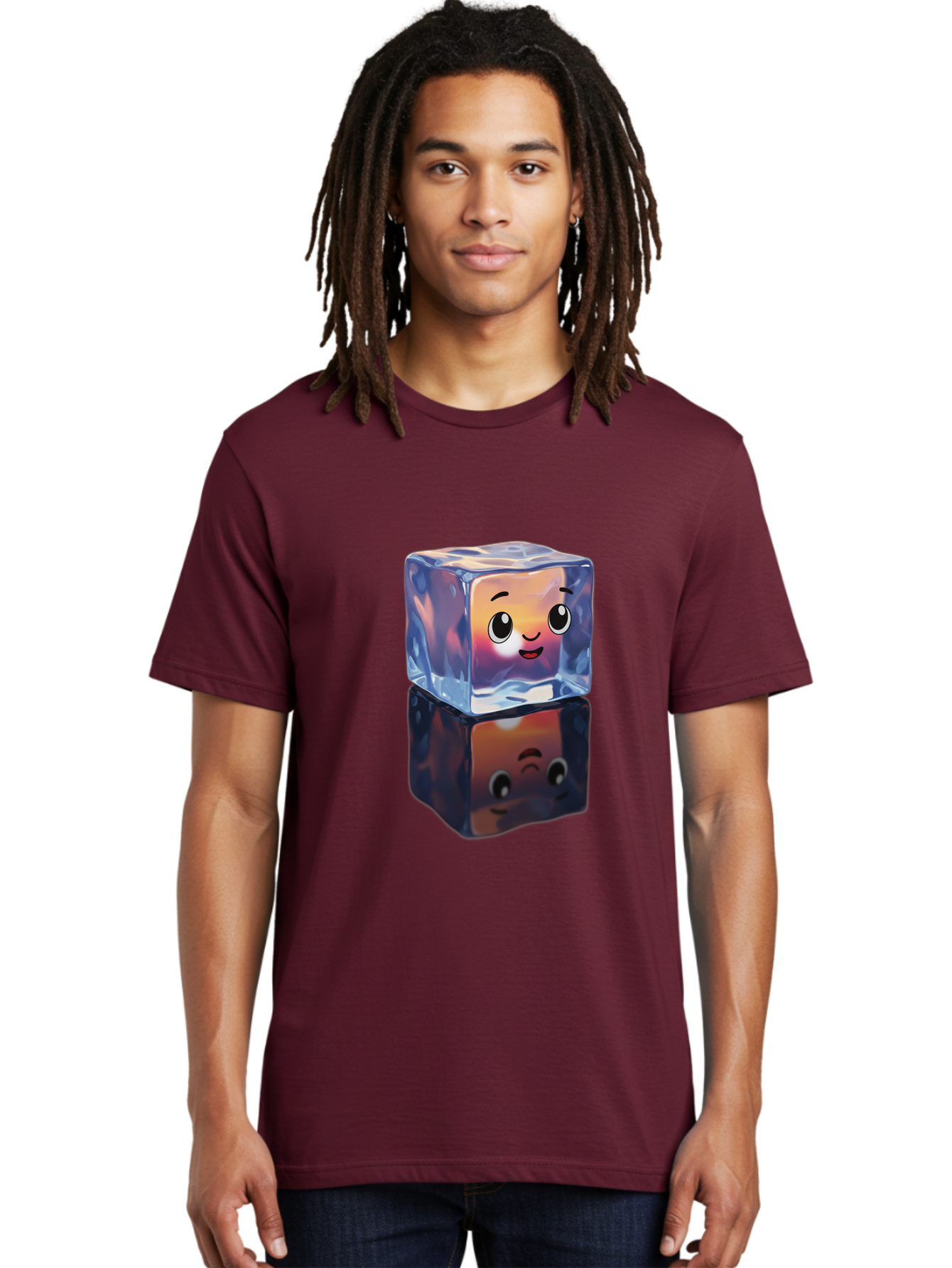 Cute-Ice-Cube Men'S Graphic Tee, 100% Cotton, Comfortable Casual Summer Wear, Machine Washable, Ice Cube, Cute Expression, Smiley Face, Cartoon Character, Digital Illustration, Emoji, Reflection, Transparent, Frosty, Fun, Kawaii, Emoticon, Bac964