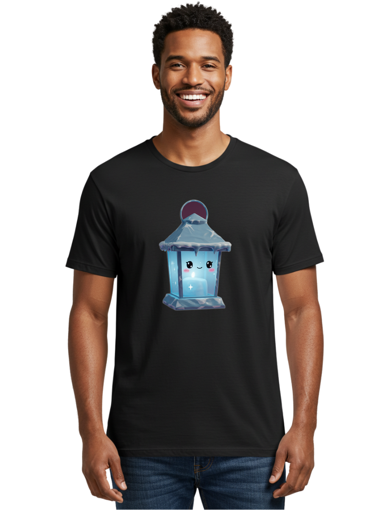 Cute-Lantern-2 Men'S Graphic Tee, 100% Cotton, Comfortable Casual Summer Wear, Machine Washable, Cute Lantern, Cartoon-Style Lantern, Smiling Face, Glowing Candle, Festive Atmosphere, Icy Blue, Sparkly, Adorable Character, Bac967