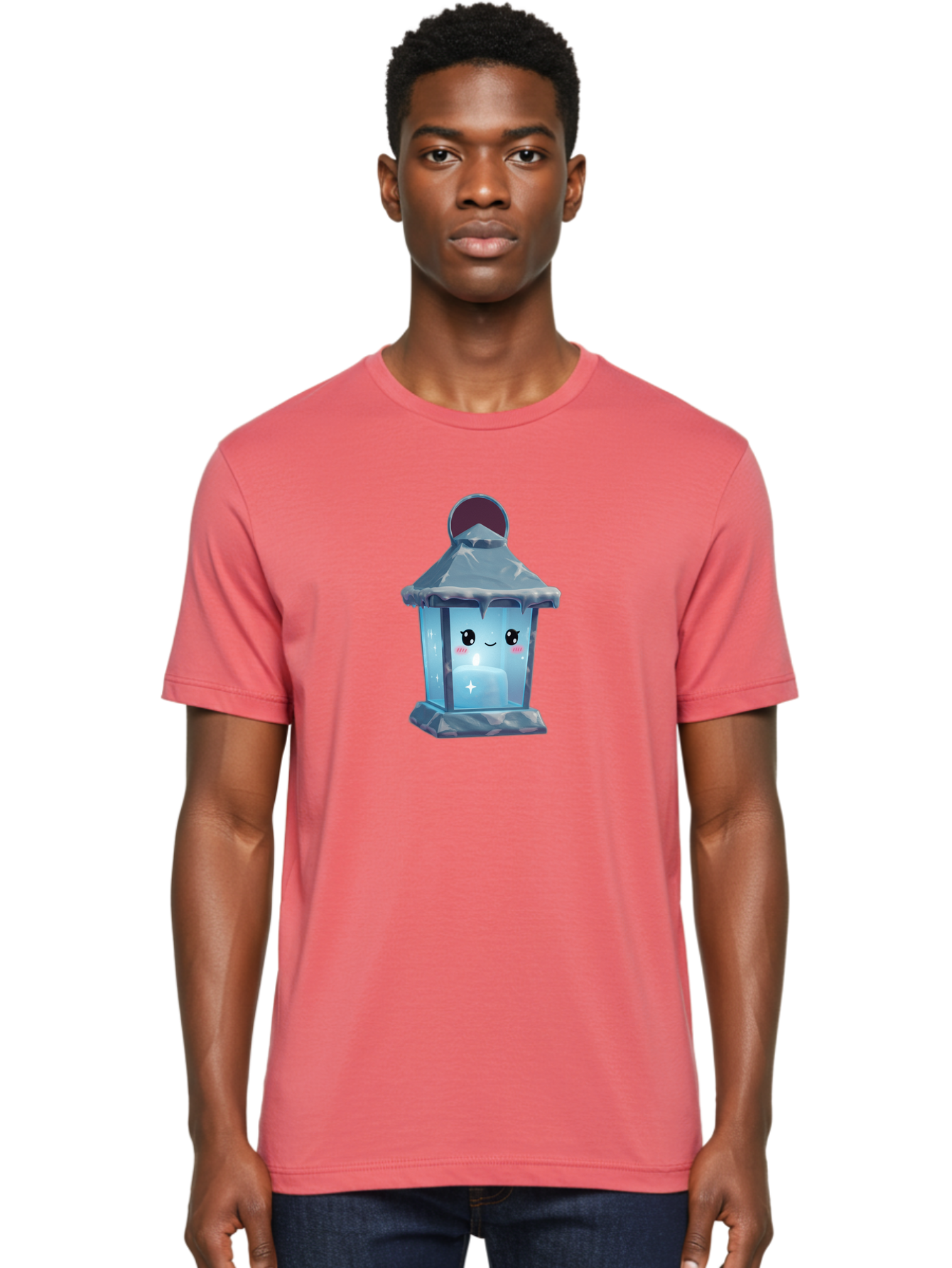 Cute-Lantern-2 Men'S Graphic Tee, 100% Cotton, Comfortable Casual Summer Wear, Machine Washable, Cute Lantern, Cartoon-Style Lantern, Smiling Face, Glowing Candle, Festive Atmosphere, Icy Blue, Sparkly, Adorable Character, Bac967