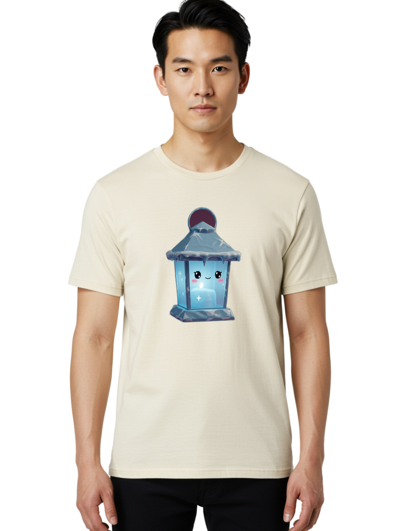 Cute-Lantern-2 Men'S Graphic Tee, 100% Cotton, Comfortable Casual Summer Wear, Machine Washable, Cute Lantern, Cartoon-Style Lantern, Smiling Face, Glowing Candle, Festive Atmosphere, Icy Blue, Sparkly, Adorable Character, Bac967