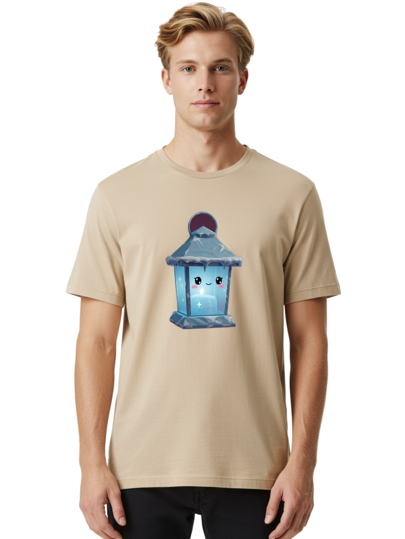 Cute-Lantern-2 Men'S Graphic Tee, 100% Cotton, Comfortable Casual Summer Wear, Machine Washable, Cute Lantern, Cartoon-Style Lantern, Smiling Face, Glowing Candle, Festive Atmosphere, Icy Blue, Sparkly, Adorable Character, Bac967