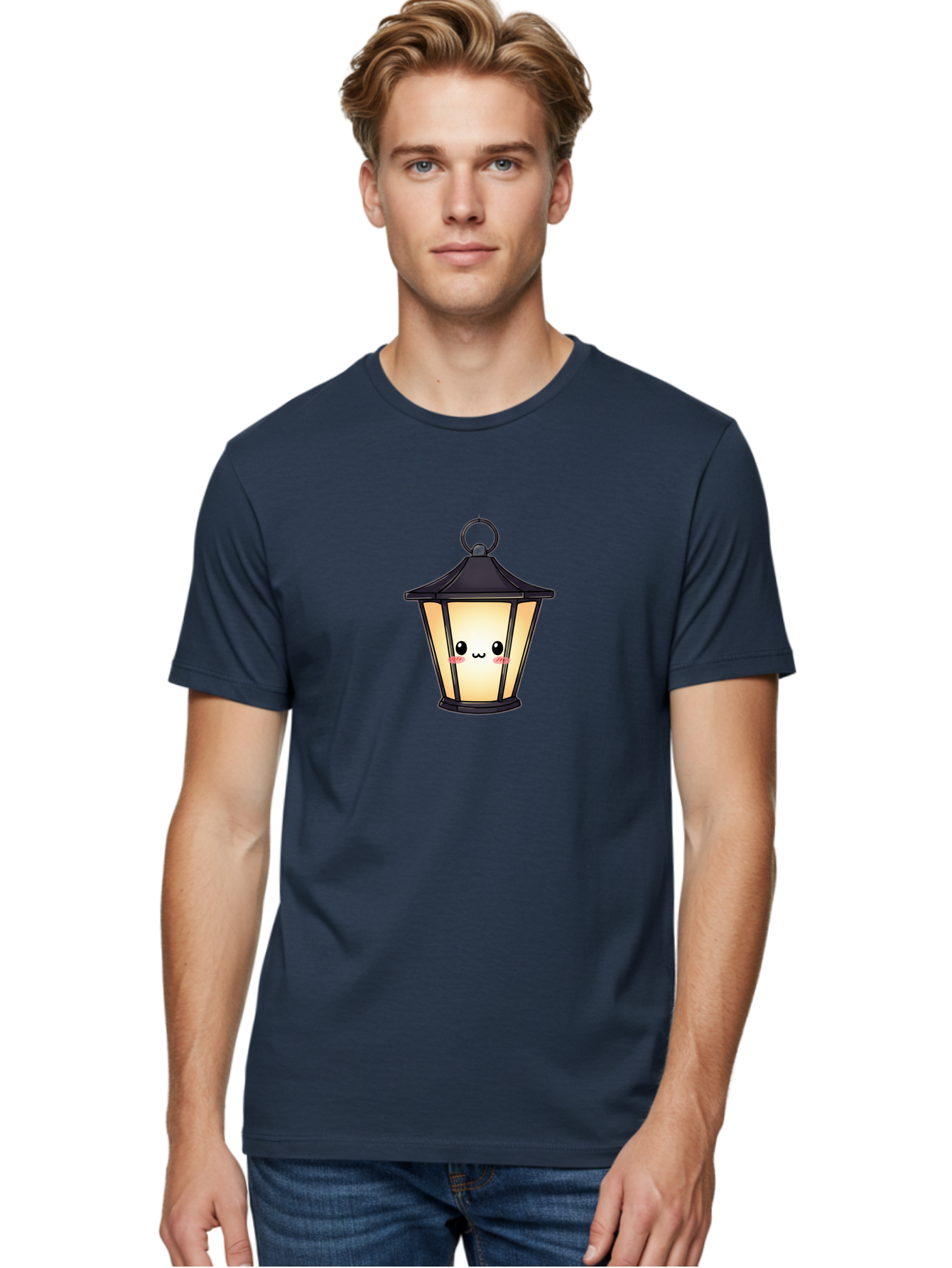 Cute-Lantern-3 Men'S Graphic Tee, 100% Cotton, Comfortable Casual Summer Wear, Machine Washable, Kawaii Lamp, Cute Cartoon Character, Cute Face, Black Lantern, Glowing Light, Hanging Lamp, Adorable Illustration, Soft Lighting, Bac968