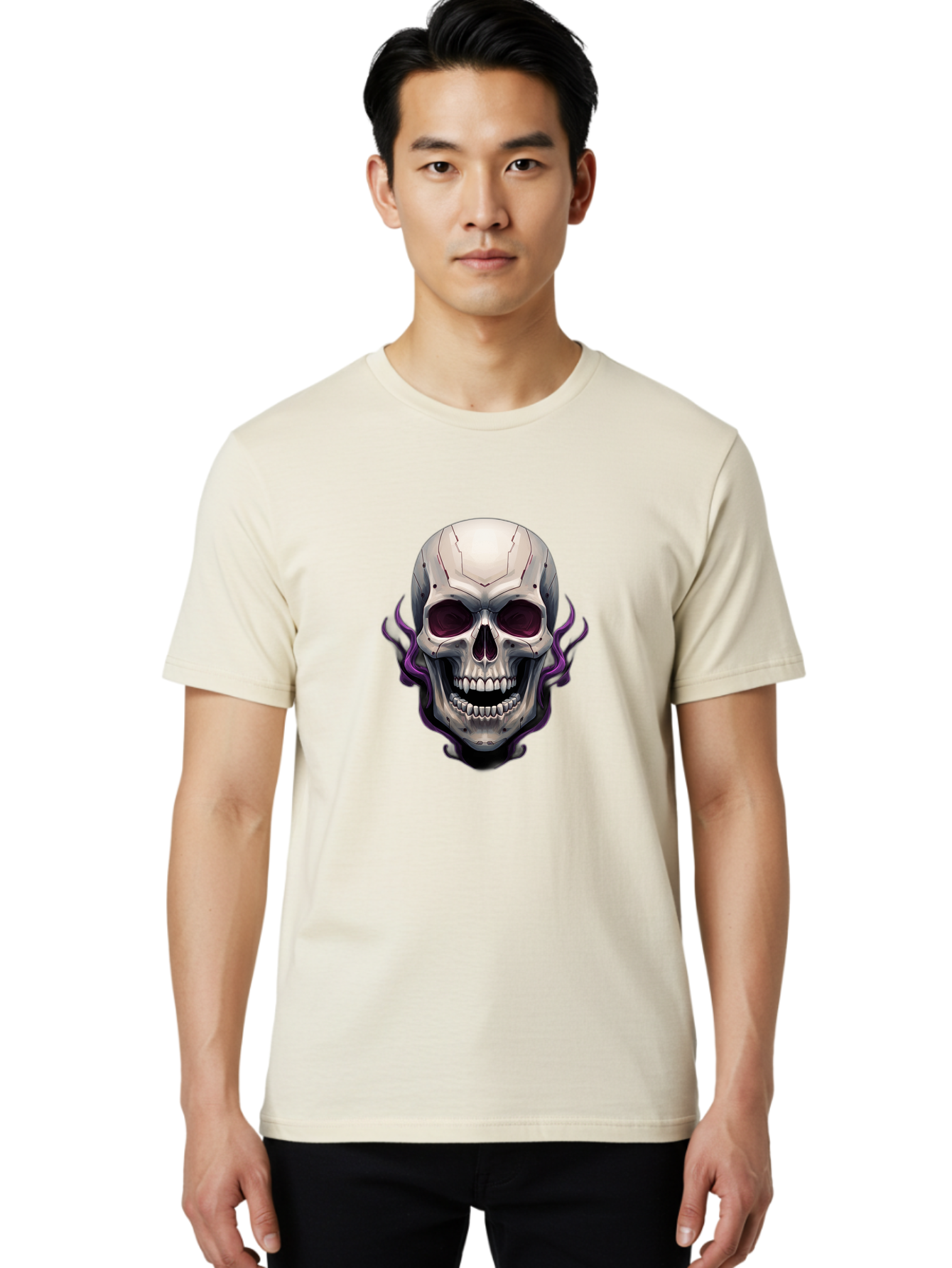 Cyborg-Skull Men'S Graphic Tee, 100% Cotton, Comfortable Casual Summer Wear, Machine Washable, Metallic Skull, Robotic Face, Purple Smoke, Futuristic Design, Cyberpunk Aesthetic, Dark Art, Halloween Theme, Gothic Style, Metal Texture, Bac971