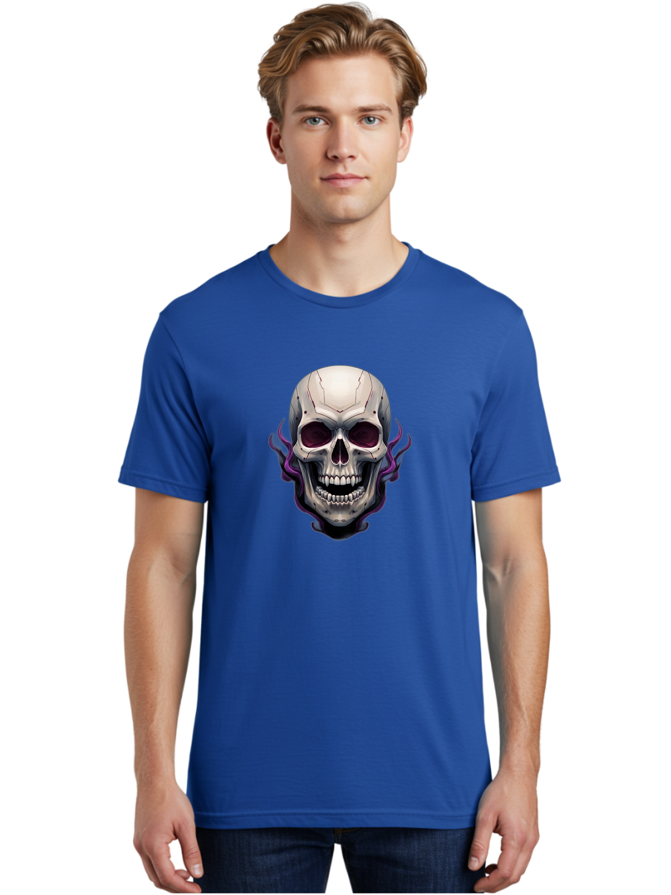 Cyborg-Skull Men'S Graphic Tee, 100% Cotton, Comfortable Casual Summer Wear, Machine Washable, Metallic Skull, Robotic Face, Purple Smoke, Futuristic Design, Cyberpunk Aesthetic, Dark Art, Halloween Theme, Gothic Style, Metal Texture, Bac971