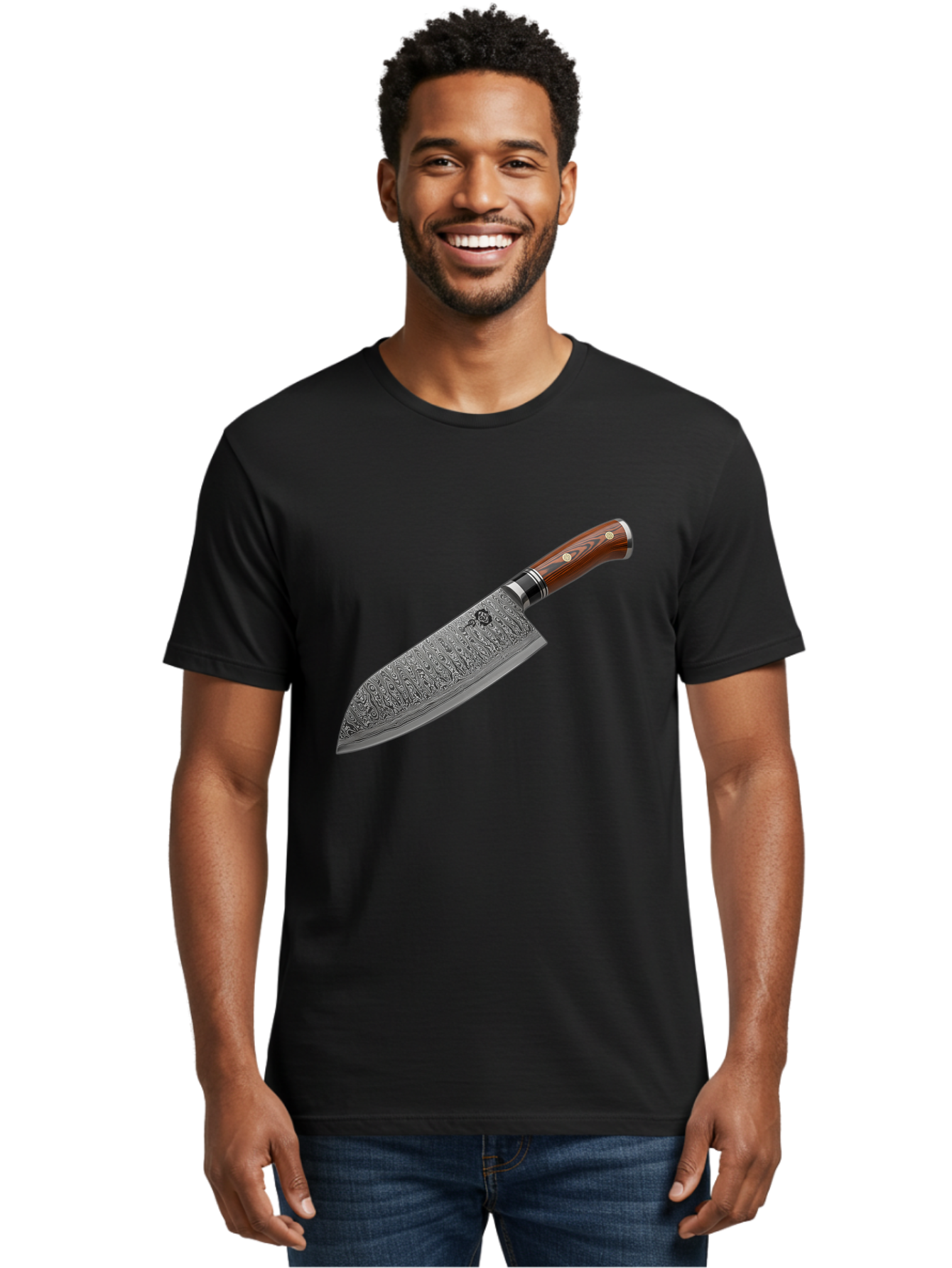 Damascus-Chef-S-Knife Men'S Graphic Tee, 100% Cotton, Comfortable Casual Summer Wear, Machine Washable, Damascus Steel Chef'S Knife, Kitchen Knife, Sharp Blade, Intricate Design, Wooden Handle, Brass Rivets, Chef'S Tool, Cutting Edge, Cookware Bac972