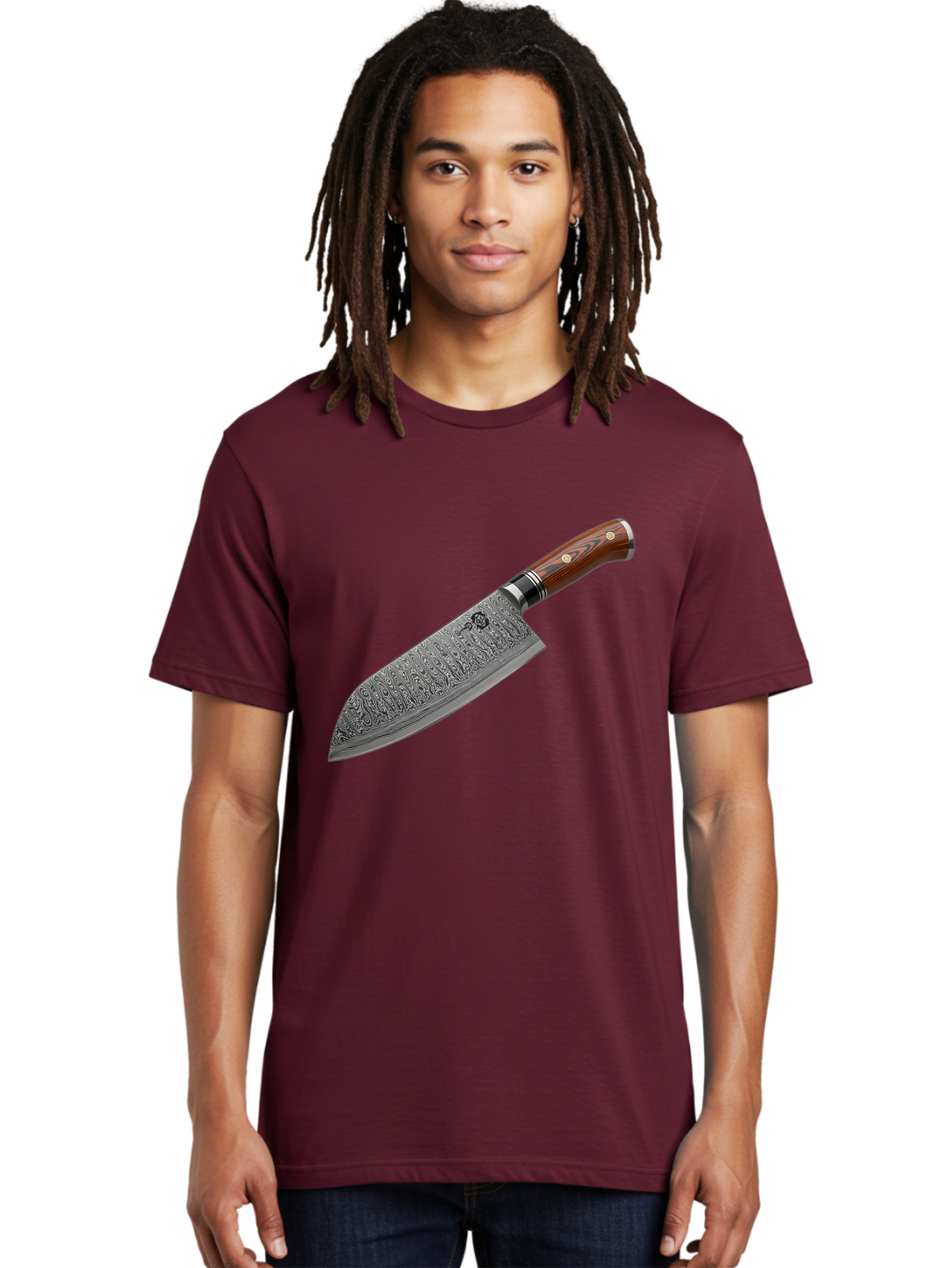 Damascus-Chef-S-Knife Men'S Graphic Tee, 100% Cotton, Comfortable Casual Summer Wear, Machine Washable, Damascus Steel Chef'S Knife, Kitchen Knife, Sharp Blade, Intricate Design, Wooden Handle, Brass Rivets, Chef'S Tool, Cutting Edge, Cookware Bac972