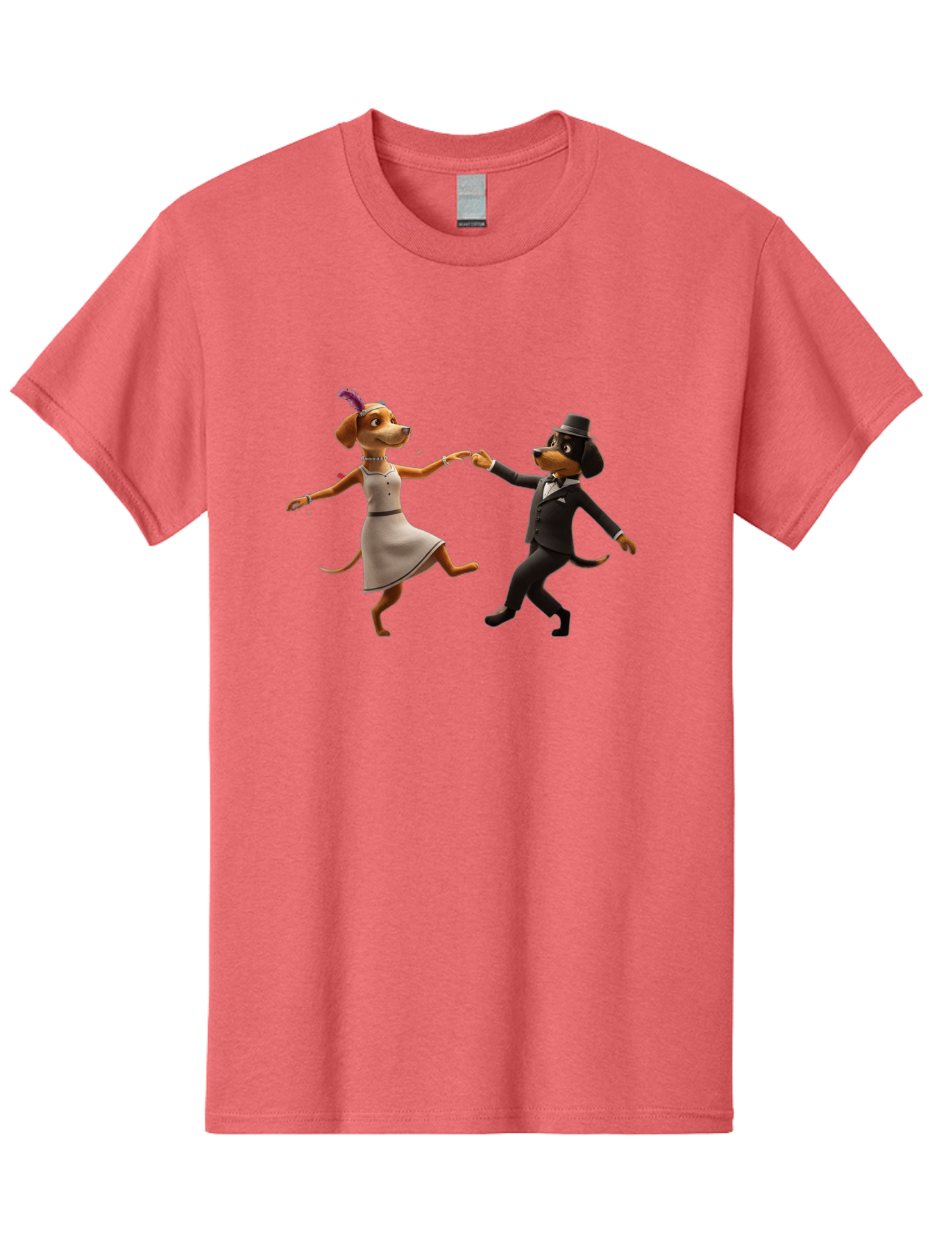 Dancing-Dogs Men'S Graphic Tee, 100% Cotton, Comfortable Casual Summer Wear, Machine Washable, Anthropomorphic Dogs Dancing Together, Lady Dog In A Dress And Hat, Gentleman Dog In A Suit, Romantic Dance, Dog Couple, Illustration, Bac973