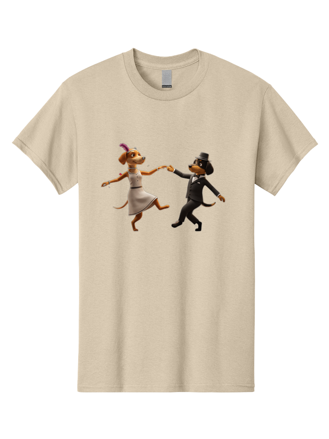 Dancing-Dogs Men'S Graphic Tee, 100% Cotton, Comfortable Casual Summer Wear, Machine Washable, Anthropomorphic Dogs Dancing Together, Lady Dog In A Dress And Hat, Gentleman Dog In A Suit, Romantic Dance, Dog Couple, Illustration, Bac973