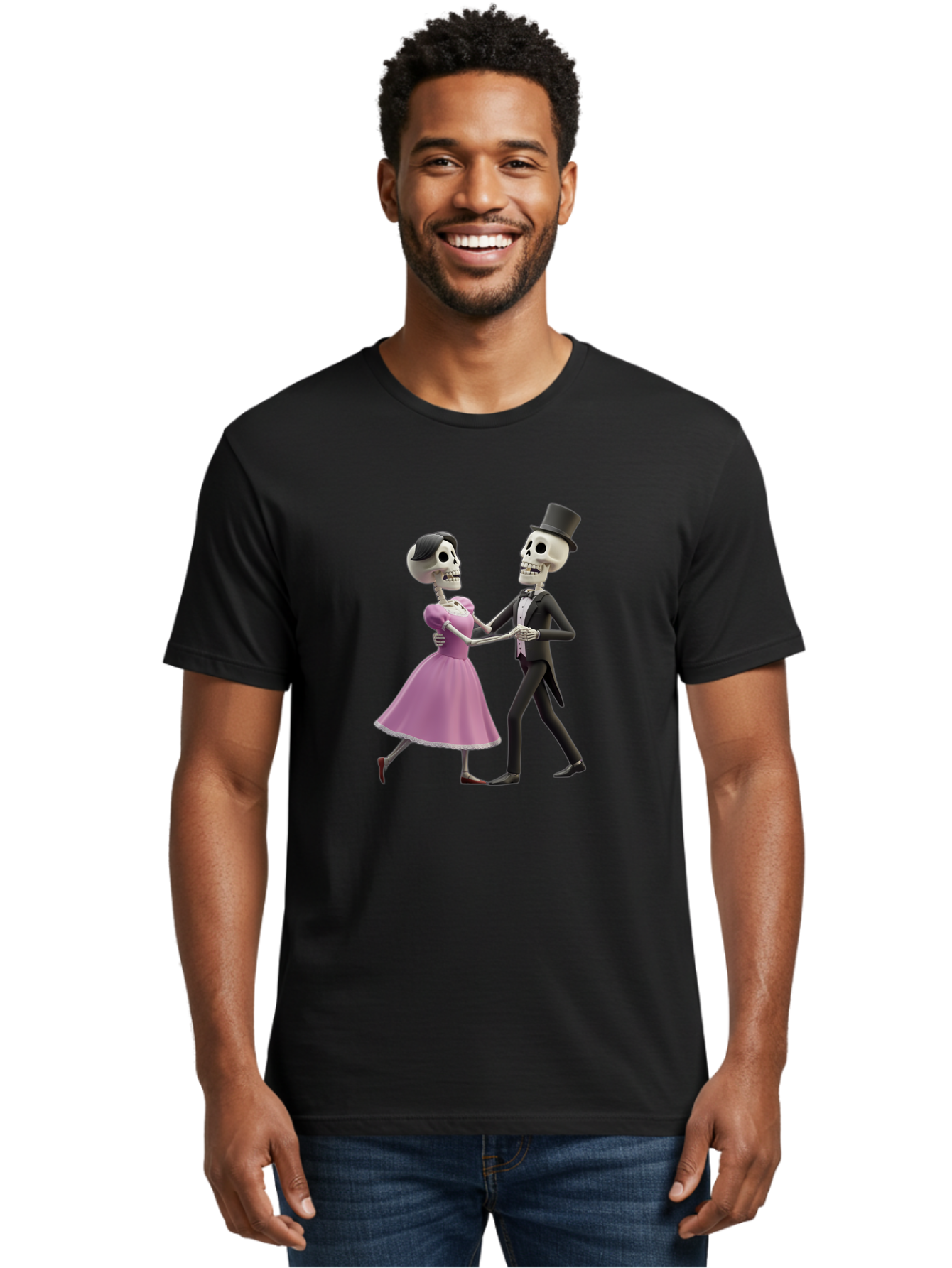 Dancing-Skeletons Men'S Graphic Tee, 100% Cotton, Comfortable Casual Summer Wear, Machine Washable, Skeleton Couple Dancing, Day Of The Dead Celebration, Calavera Fashion, Traditional Mexican Attire, Sugar Skull Makeup, Waltz Dance, Bac974