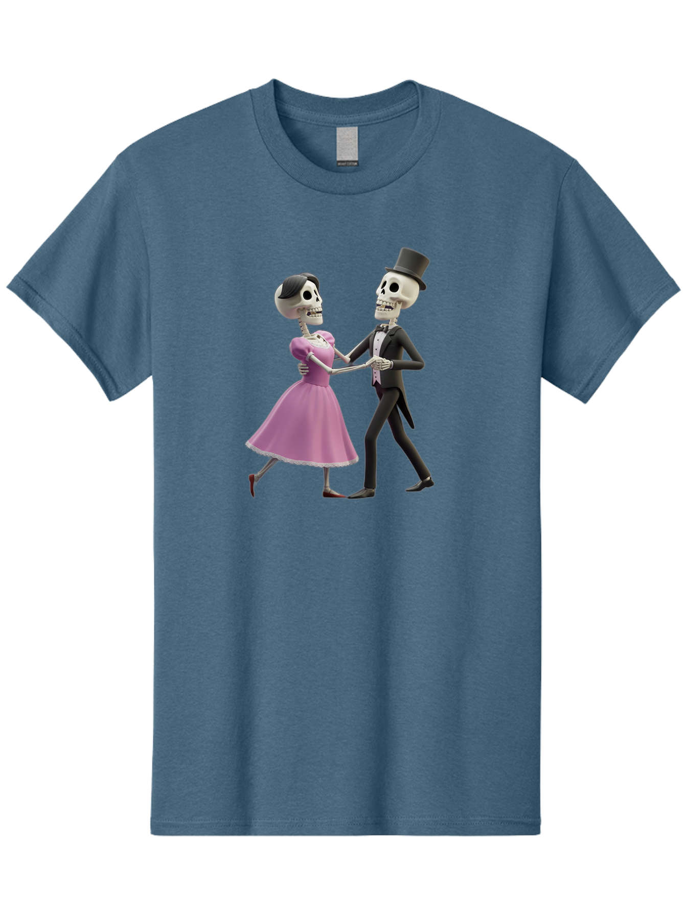 Dancing-Skeletons Men'S Graphic Tee, 100% Cotton, Comfortable Casual Summer Wear, Machine Washable, Skeleton Couple Dancing, Day Of The Dead Celebration, Calavera Fashion, Traditional Mexican Attire, Sugar Skull Makeup, Waltz Dance, Bac974