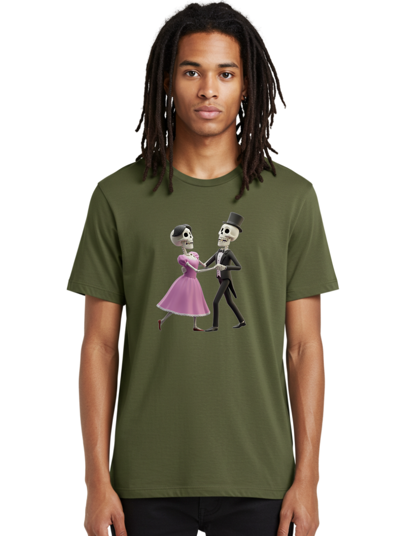 Dancing-Skeletons Men'S Graphic Tee, 100% Cotton, Comfortable Casual Summer Wear, Machine Washable, Skeleton Couple Dancing, Day Of The Dead Celebration, Calavera Fashion, Traditional Mexican Attire, Sugar Skull Makeup, Waltz Dance, Bac974