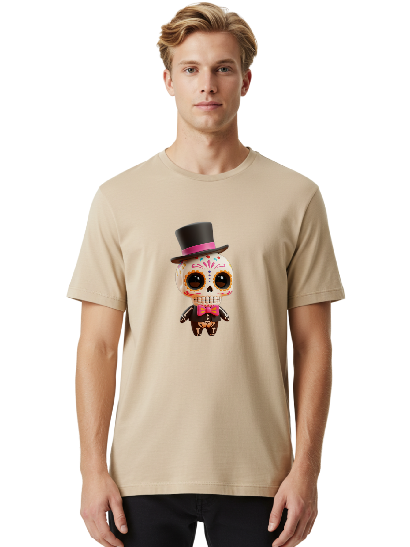 Day-Of-The-Dead-Skeleton Men'S Graphic Tee, 100% Cotton, Comfortable Casual Summer Wear, Machine Washable, Sugar Skull, Day Of The Dead, Dia De Los Muertos, Skeleton Figurine, Colorful Decorations, Festive Attire, Top Hat, Bow Tie, Bac977