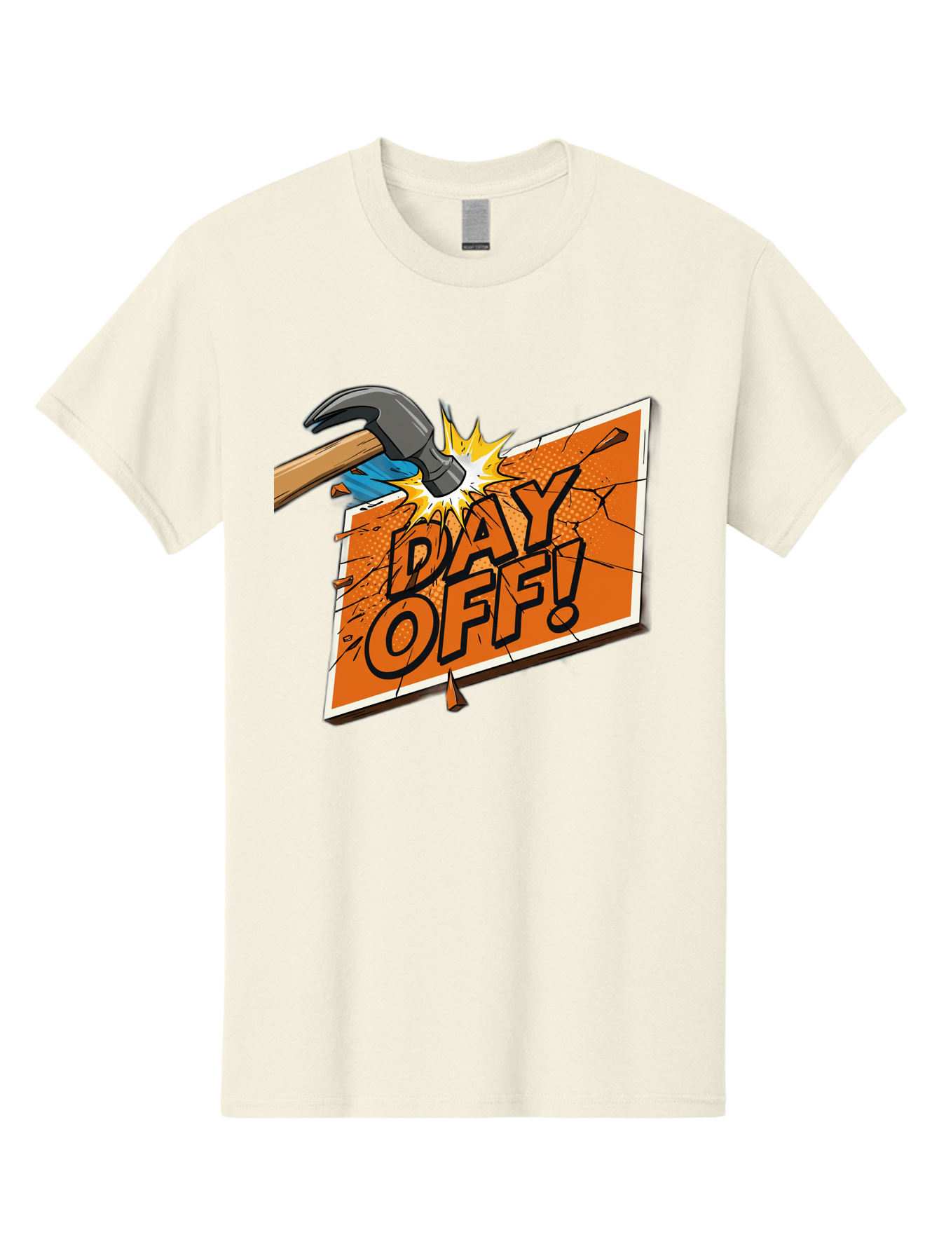 Day-Off-1 Men'S Graphic Tee, 100% Cotton, Comfortable Casual Summer Wear, Machine Washable, Day Off, Hammer Smashing Sign, Cartoon Humor, Comedic Relief, Breaking Rules, Relaxation, Leisure Time, Comical Illustration, Work-Life Balance Bac978