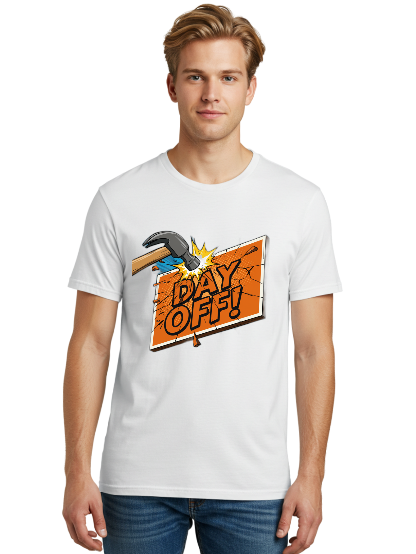 Day-Off-1 Men'S Graphic Tee, 100% Cotton, Comfortable Casual Summer Wear, Machine Washable, Day Off, Hammer Smashing Sign, Cartoon Humor, Comedic Relief, Breaking Rules, Relaxation, Leisure Time, Comical Illustration, Work-Life Balance Bac978