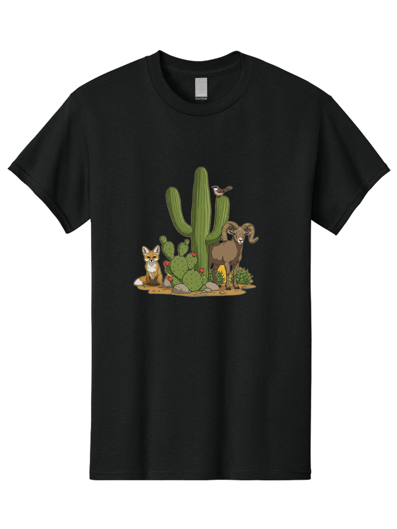 Desert-Animals Men'S Graphic Tee, 100% Cotton, Comfortable Casual Summer Wear, Machine Washable, Desert Wildlife, Coyote Sitting, Bighorn Sheep Standing, Bird Perched On Cactus, Cactus With Red Flowers, Desert Landscape, Wild Animals, Bac984