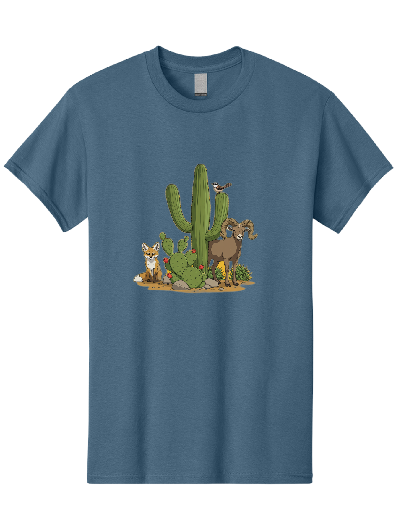 Desert-Animals Men'S Graphic Tee, 100% Cotton, Comfortable Casual Summer Wear, Machine Washable, Desert Wildlife, Coyote Sitting, Bighorn Sheep Standing, Bird Perched On Cactus, Cactus With Red Flowers, Desert Landscape, Wild Animals, Bac984