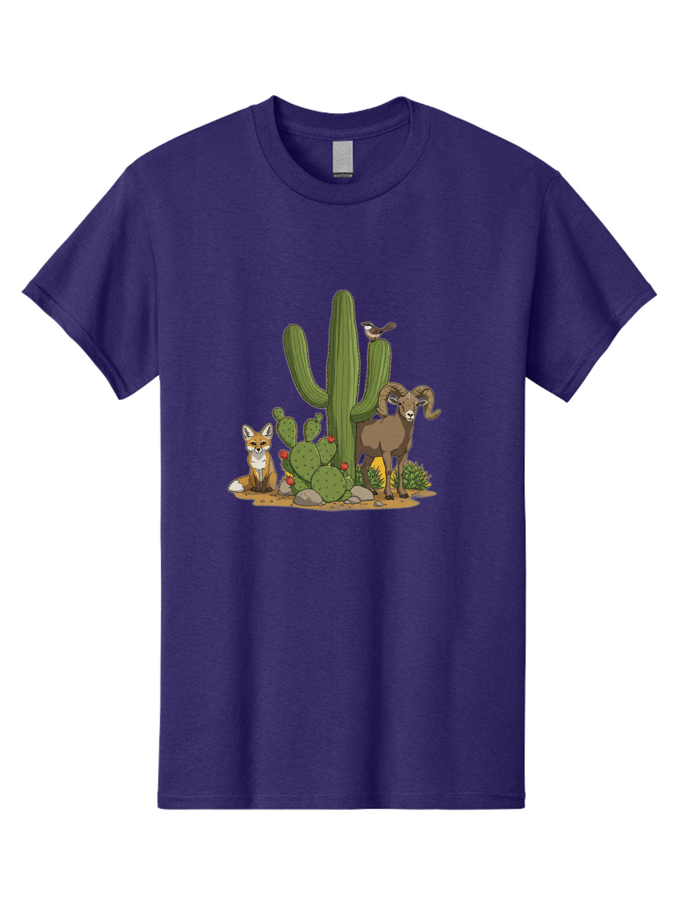 Desert-Animals Men'S Graphic Tee, 100% Cotton, Comfortable Casual Summer Wear, Machine Washable, Desert Wildlife, Coyote Sitting, Bighorn Sheep Standing, Bird Perched On Cactus, Cactus With Red Flowers, Desert Landscape, Wild Animals, Bac984