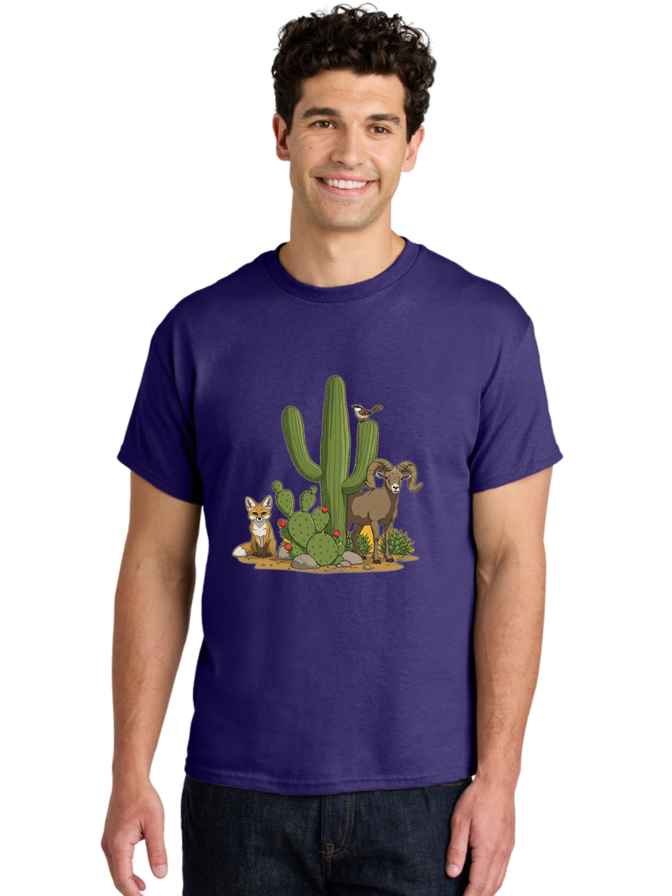 Desert-Animals Men'S Graphic Tee, 100% Cotton, Comfortable Casual Summer Wear, Machine Washable, Desert Wildlife, Coyote Sitting, Bighorn Sheep Standing, Bird Perched On Cactus, Cactus With Red Flowers, Desert Landscape, Wild Animals, Bac984