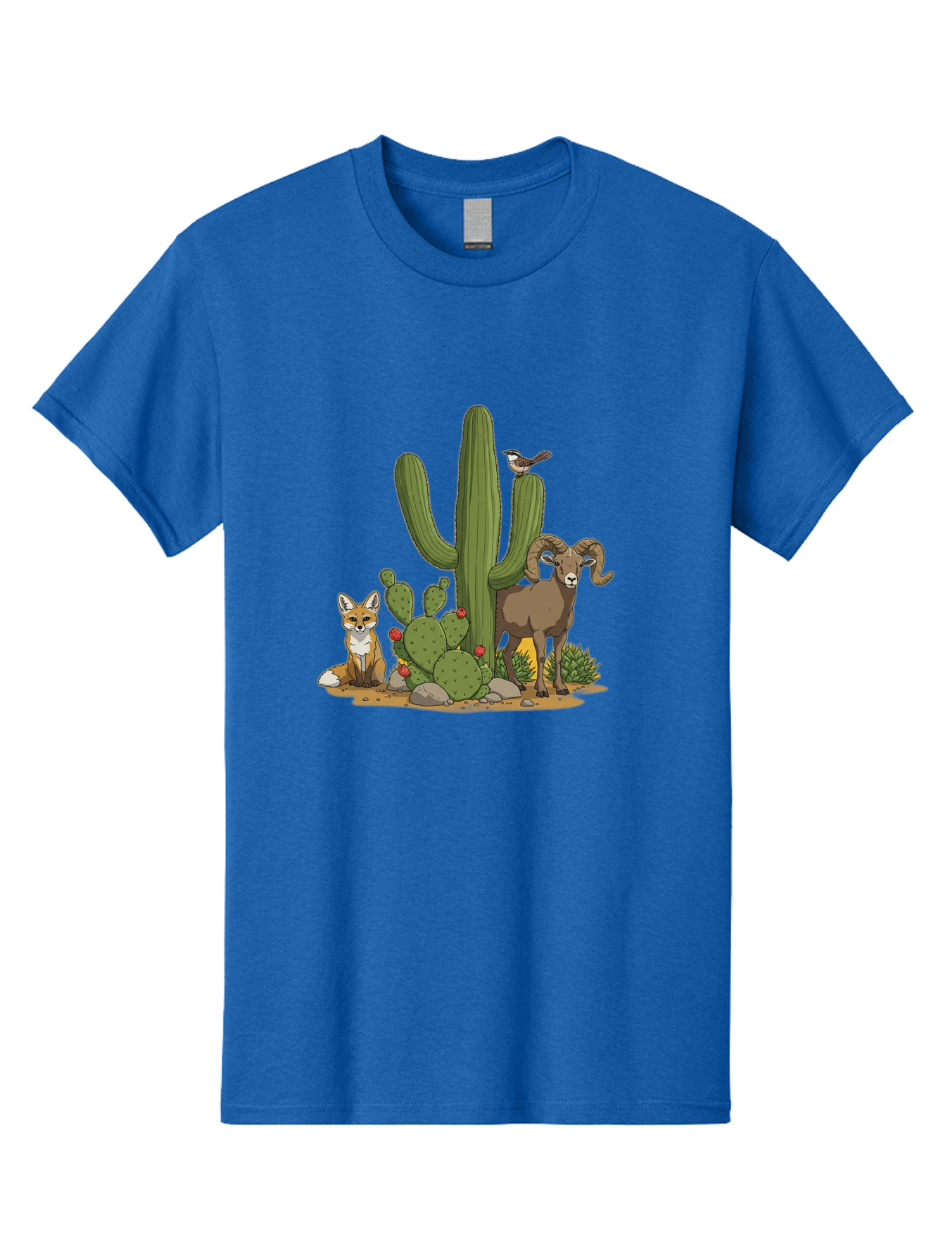 Desert-Animals Men'S Graphic Tee, 100% Cotton, Comfortable Casual Summer Wear, Machine Washable, Desert Wildlife, Coyote Sitting, Bighorn Sheep Standing, Bird Perched On Cactus, Cactus With Red Flowers, Desert Landscape, Wild Animals, Bac984