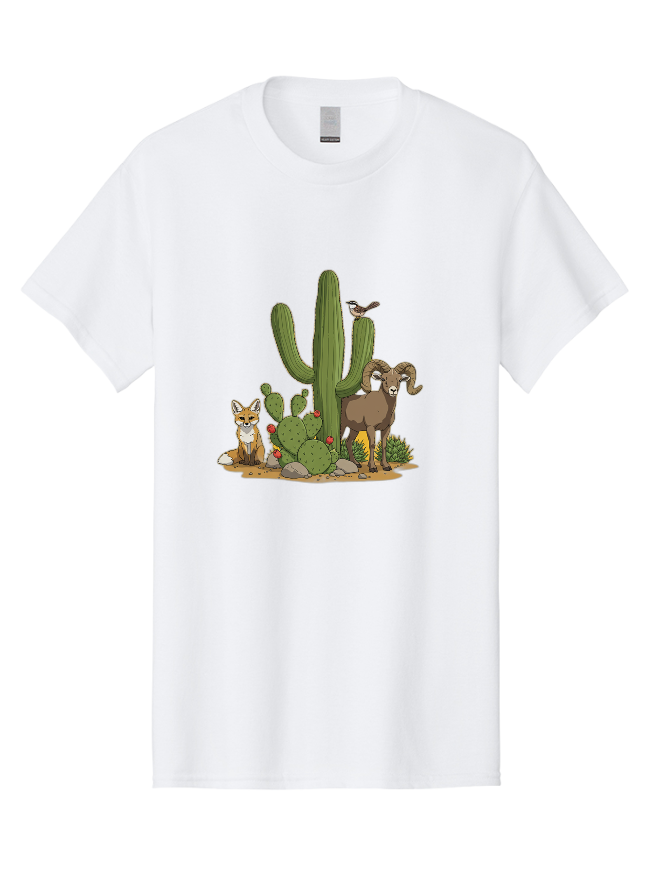 Desert-Animals Men'S Graphic Tee, 100% Cotton, Comfortable Casual Summer Wear, Machine Washable, Desert Wildlife, Coyote Sitting, Bighorn Sheep Standing, Bird Perched On Cactus, Cactus With Red Flowers, Desert Landscape, Wild Animals, Bac984