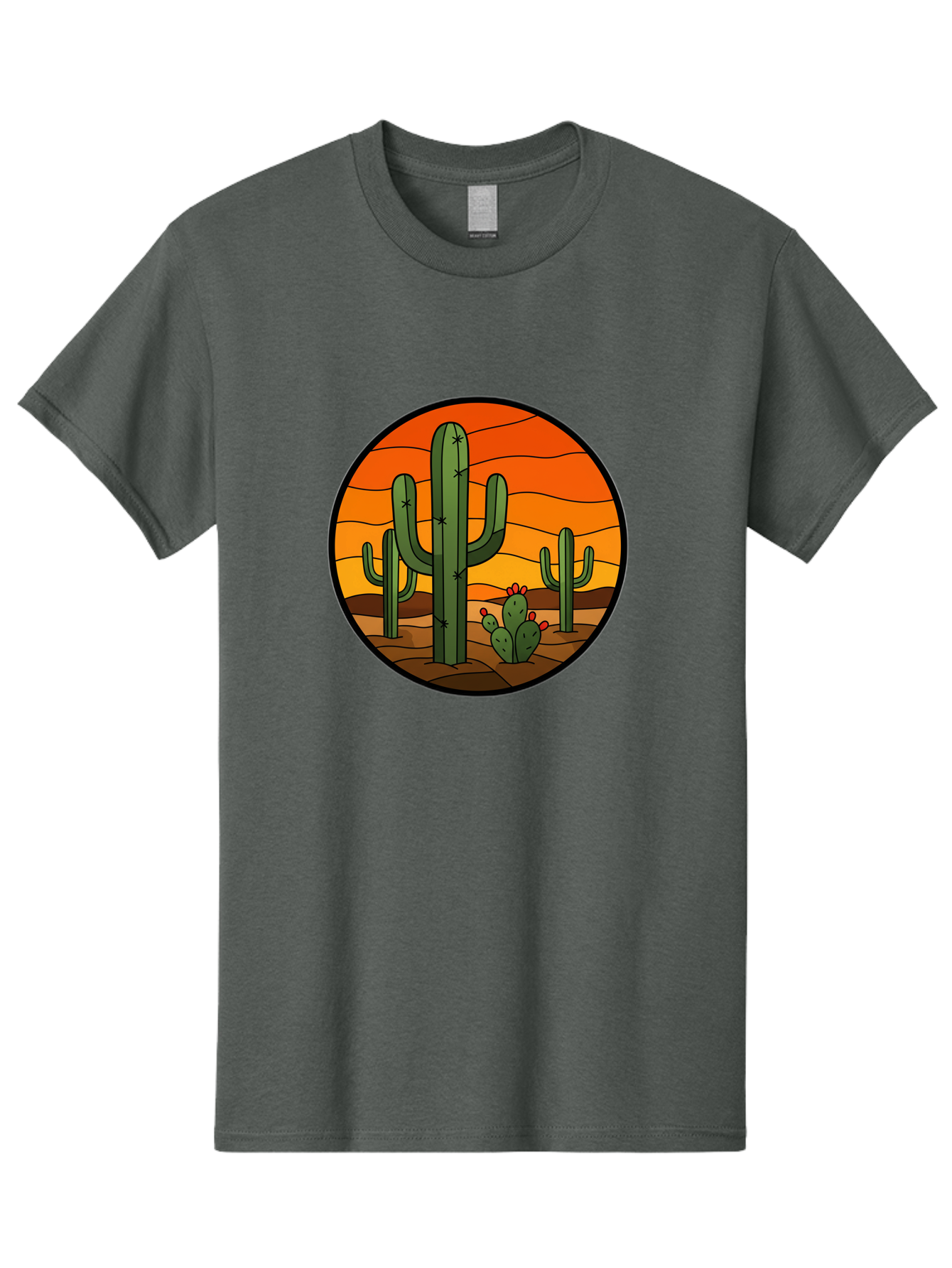 Desert-Cacti-At-Sunset Men'S Graphic Tee, 100% Cotton, Comfortable Casual Summer Wear, Machine Washable, Desert Landscape, Cacti, Saguaro Cactus, Sunset, Orange Sky, Warm Colors, Desert Scenery, Dry Terrain, Prickly Pear Cactus, Bac985