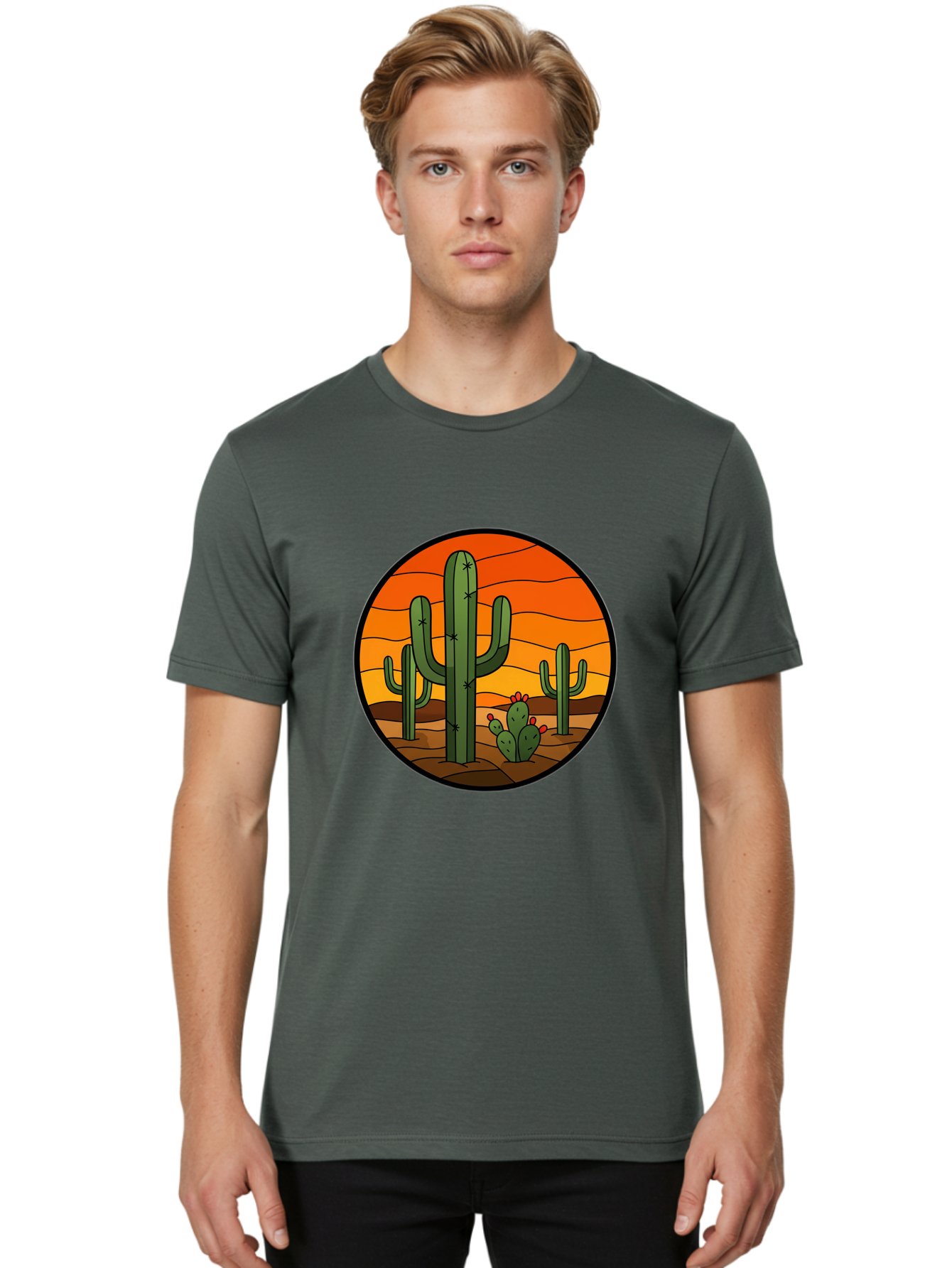 Desert-Cacti-At-Sunset Men'S Graphic Tee, 100% Cotton, Comfortable Casual Summer Wear, Machine Washable, Desert Landscape, Cacti, Saguaro Cactus, Sunset, Orange Sky, Warm Colors, Desert Scenery, Dry Terrain, Prickly Pear Cactus, Bac985