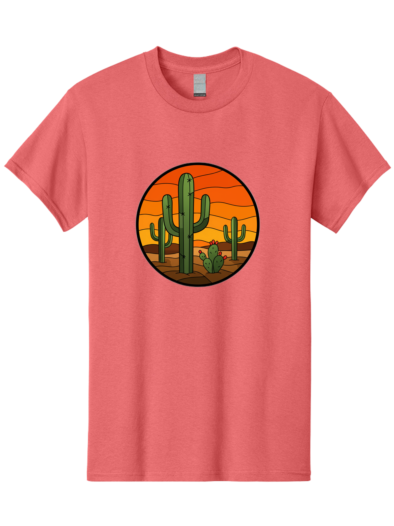 Desert-Cacti-At-Sunset Men'S Graphic Tee, 100% Cotton, Comfortable Casual Summer Wear, Machine Washable, Desert Landscape, Cacti, Saguaro Cactus, Sunset, Orange Sky, Warm Colors, Desert Scenery, Dry Terrain, Prickly Pear Cactus, Bac985