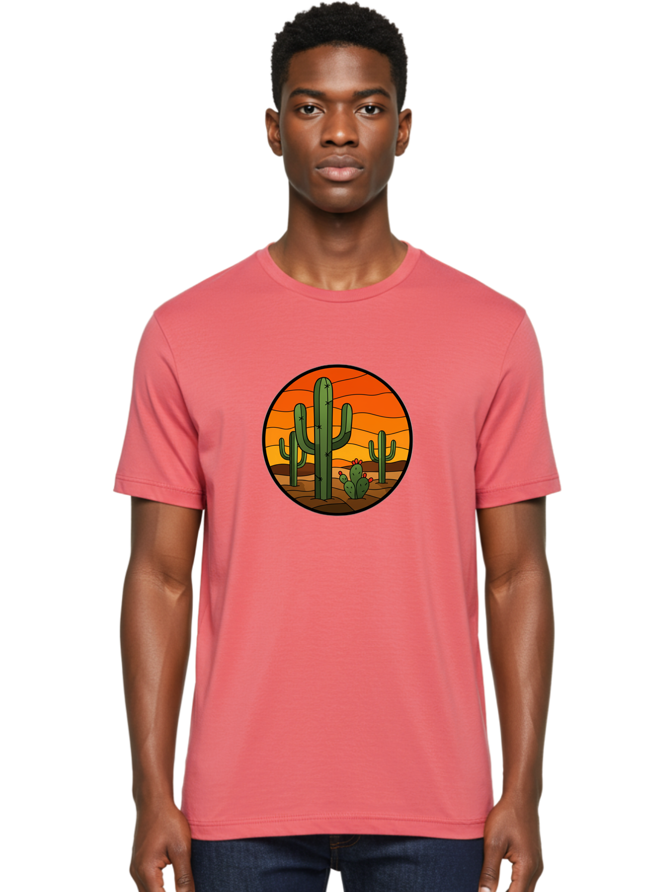 Desert-Cacti-At-Sunset Men'S Graphic Tee, 100% Cotton, Comfortable Casual Summer Wear, Machine Washable, Desert Landscape, Cacti, Saguaro Cactus, Sunset, Orange Sky, Warm Colors, Desert Scenery, Dry Terrain, Prickly Pear Cactus, Bac985