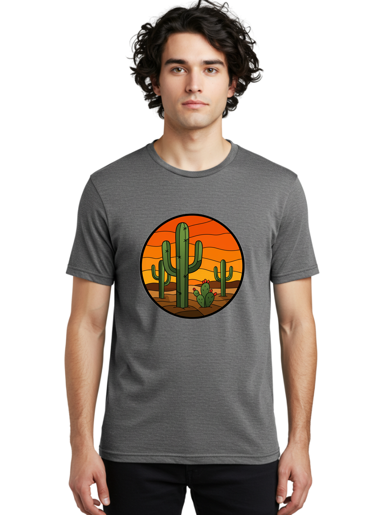 Desert-Cacti-At-Sunset Men'S Graphic Tee, 100% Cotton, Comfortable Casual Summer Wear, Machine Washable, Desert Landscape, Cacti, Saguaro Cactus, Sunset, Orange Sky, Warm Colors, Desert Scenery, Dry Terrain, Prickly Pear Cactus, Bac985