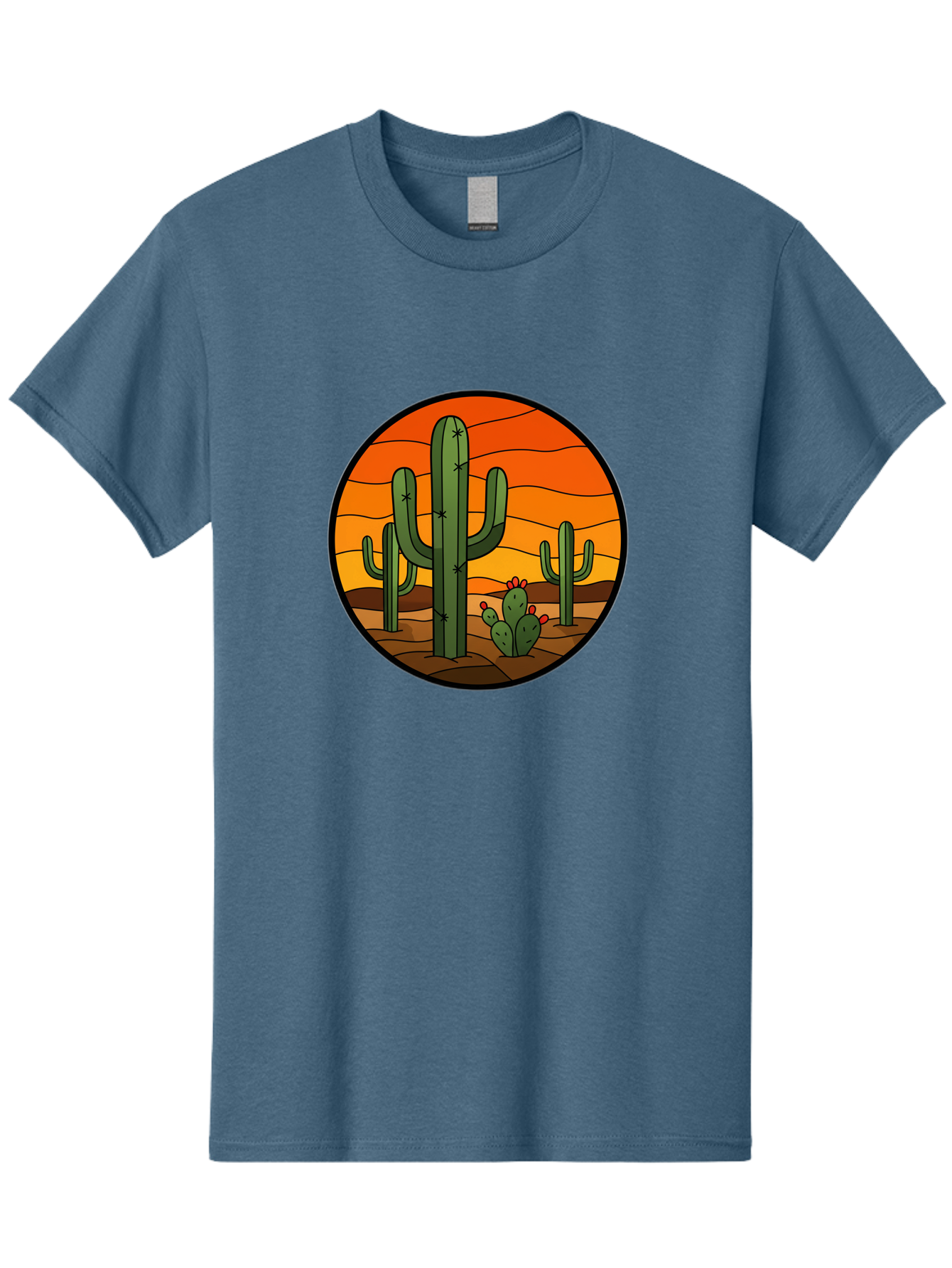 Desert-Cacti-At-Sunset Men'S Graphic Tee, 100% Cotton, Comfortable Casual Summer Wear, Machine Washable, Desert Landscape, Cacti, Saguaro Cactus, Sunset, Orange Sky, Warm Colors, Desert Scenery, Dry Terrain, Prickly Pear Cactus, Bac985