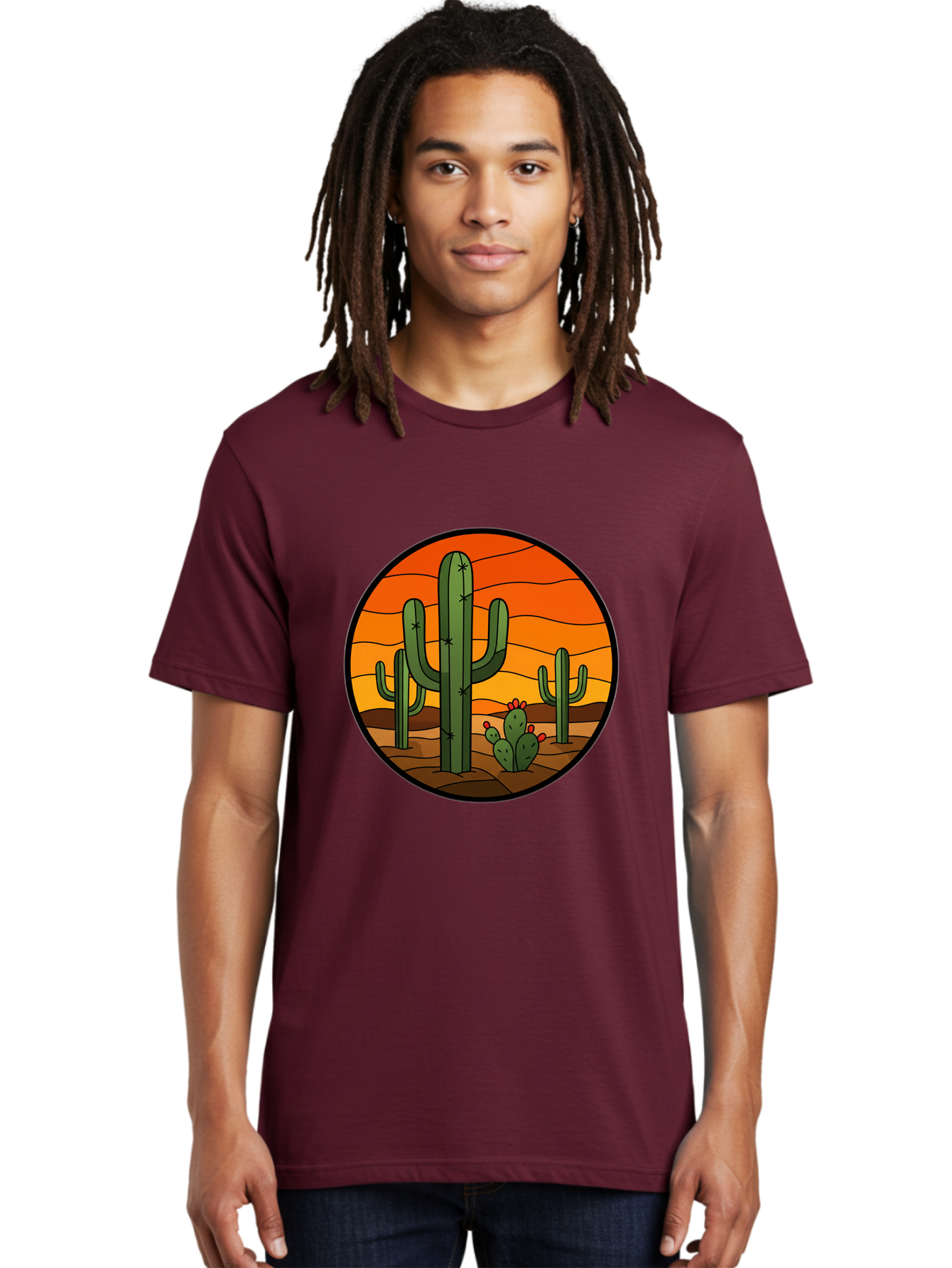 Desert-Cacti-At-Sunset Men'S Graphic Tee, 100% Cotton, Comfortable Casual Summer Wear, Machine Washable, Desert Landscape, Cacti, Saguaro Cactus, Sunset, Orange Sky, Warm Colors, Desert Scenery, Dry Terrain, Prickly Pear Cactus, Bac985