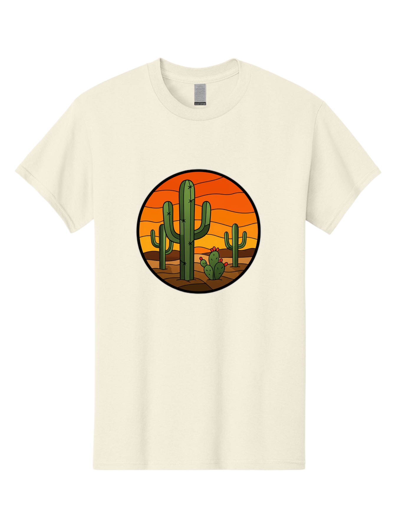 Desert-Cacti-At-Sunset Men'S Graphic Tee, 100% Cotton, Comfortable Casual Summer Wear, Machine Washable, Desert Landscape, Cacti, Saguaro Cactus, Sunset, Orange Sky, Warm Colors, Desert Scenery, Dry Terrain, Prickly Pear Cactus, Bac985