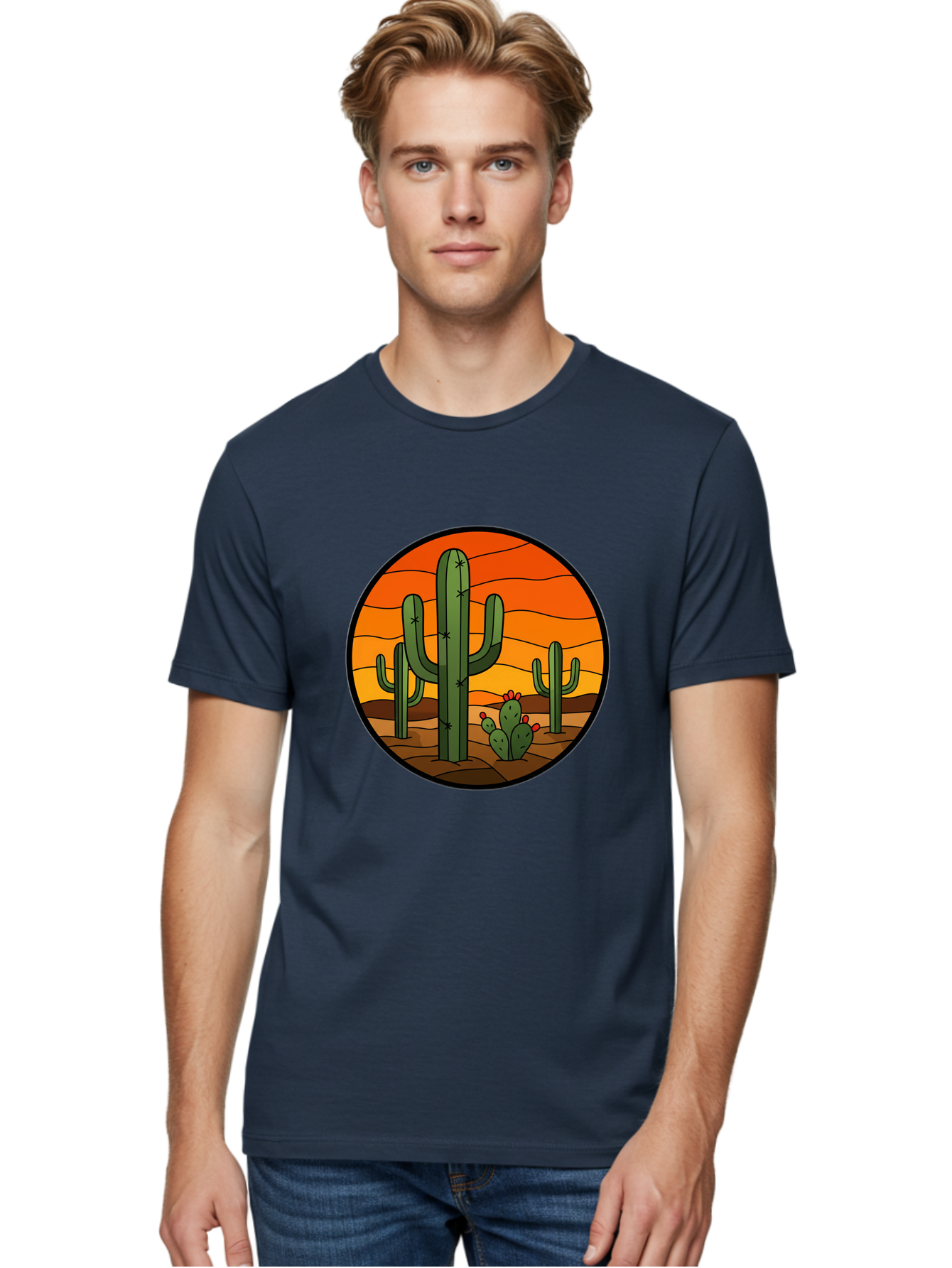 Desert-Cacti-At-Sunset Men'S Graphic Tee, 100% Cotton, Comfortable Casual Summer Wear, Machine Washable, Desert Landscape, Cacti, Saguaro Cactus, Sunset, Orange Sky, Warm Colors, Desert Scenery, Dry Terrain, Prickly Pear Cactus, Bac985