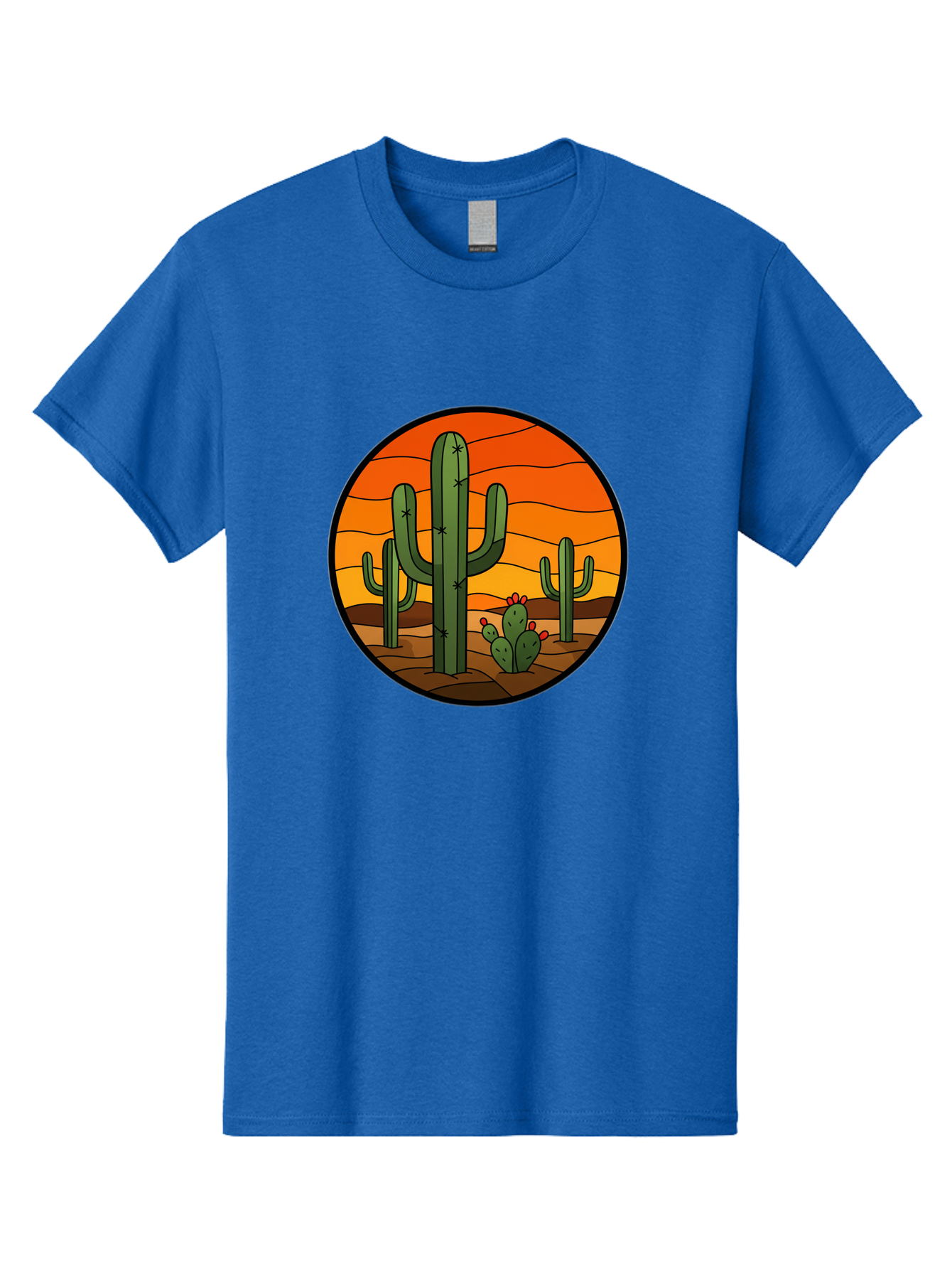 Desert-Cacti-At-Sunset Men'S Graphic Tee, 100% Cotton, Comfortable Casual Summer Wear, Machine Washable, Desert Landscape, Cacti, Saguaro Cactus, Sunset, Orange Sky, Warm Colors, Desert Scenery, Dry Terrain, Prickly Pear Cactus, Bac985