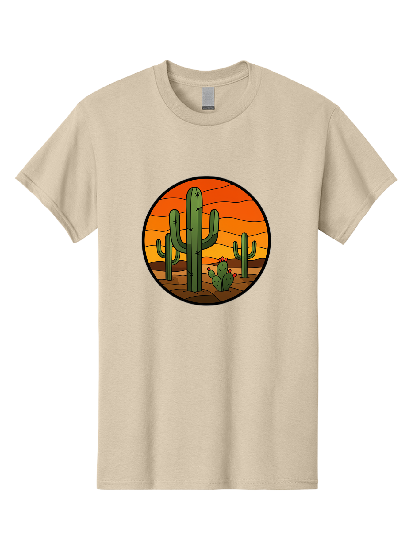 Desert-Cacti-At-Sunset Men'S Graphic Tee, 100% Cotton, Comfortable Casual Summer Wear, Machine Washable, Desert Landscape, Cacti, Saguaro Cactus, Sunset, Orange Sky, Warm Colors, Desert Scenery, Dry Terrain, Prickly Pear Cactus, Bac985