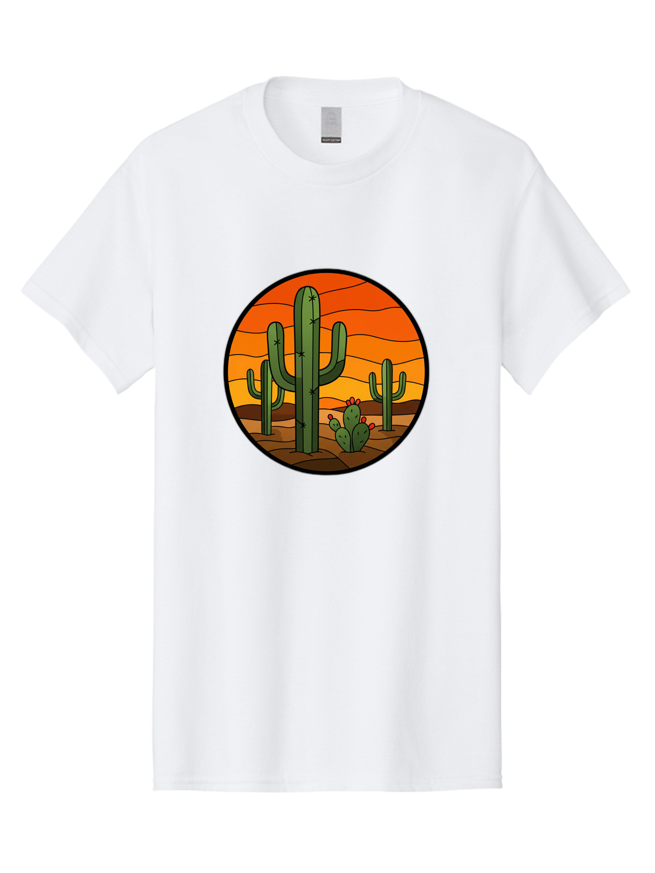 Desert-Cacti-At-Sunset Men'S Graphic Tee, 100% Cotton, Comfortable Casual Summer Wear, Machine Washable, Desert Landscape, Cacti, Saguaro Cactus, Sunset, Orange Sky, Warm Colors, Desert Scenery, Dry Terrain, Prickly Pear Cactus, Bac985