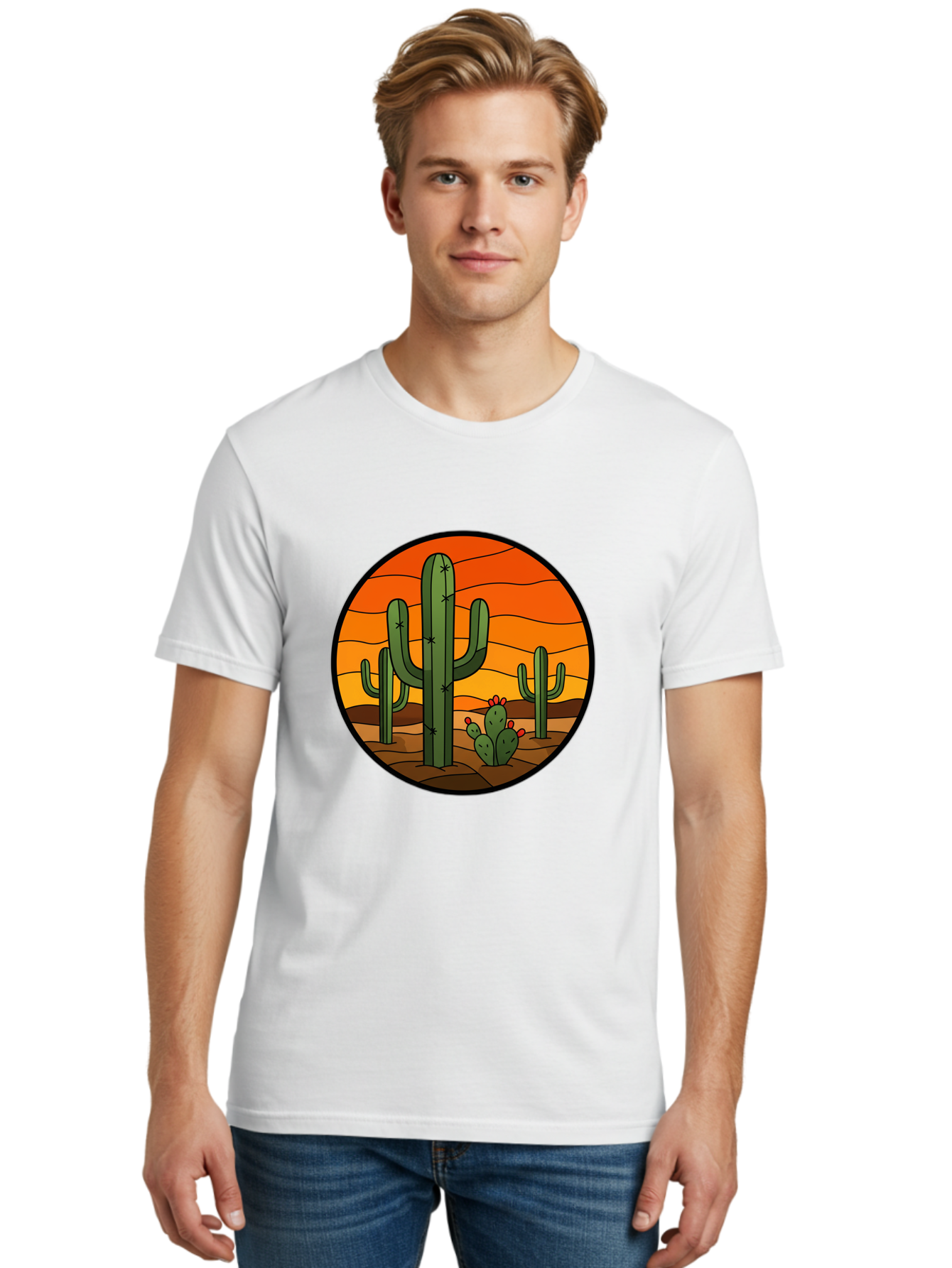 Desert-Cacti-At-Sunset Men'S Graphic Tee, 100% Cotton, Comfortable Casual Summer Wear, Machine Washable, Desert Landscape, Cacti, Saguaro Cactus, Sunset, Orange Sky, Warm Colors, Desert Scenery, Dry Terrain, Prickly Pear Cactus, Bac985