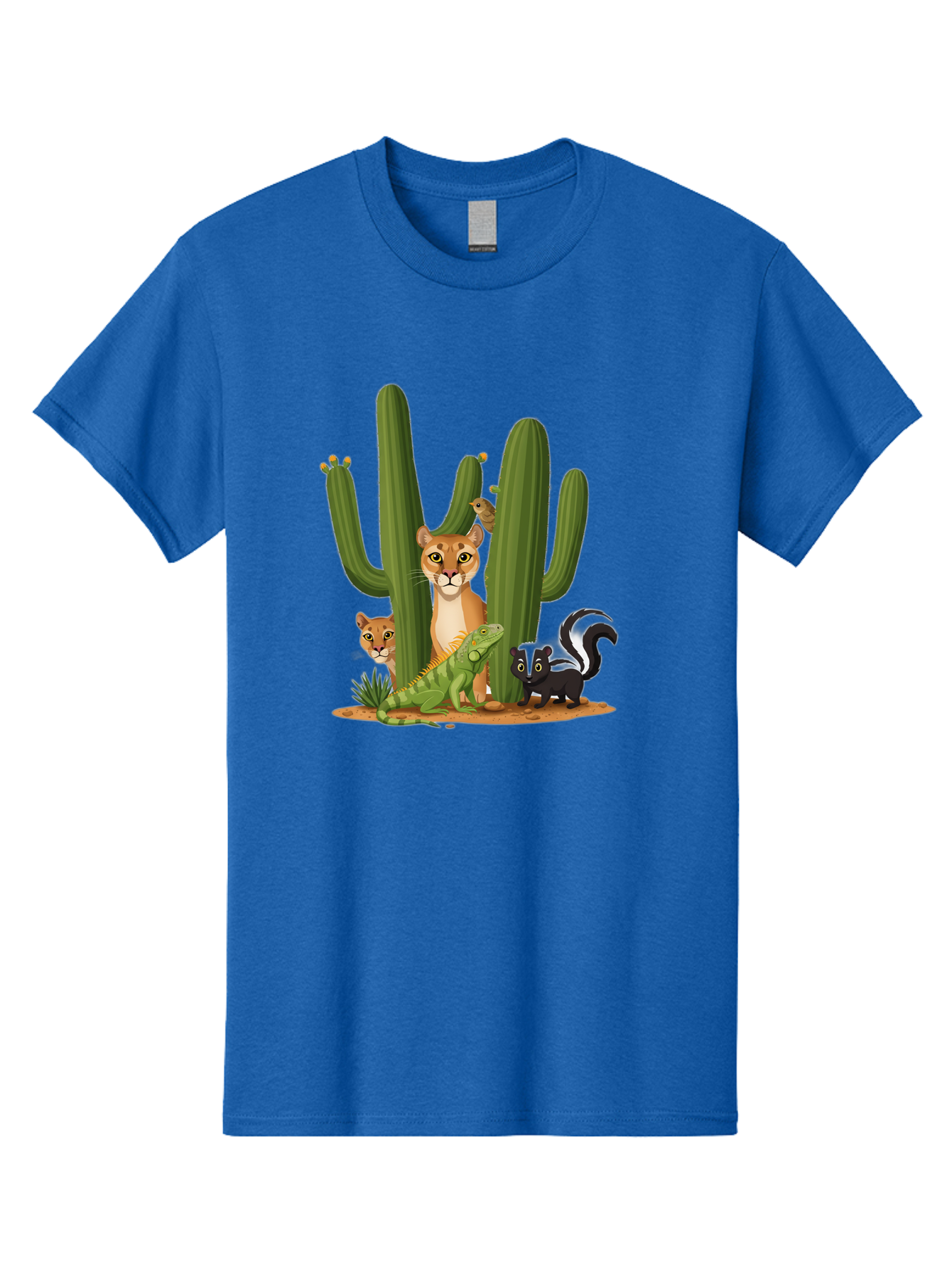 Desert-Fauna Men'S Graphic Tee, 100% Cotton, Comfortable Casual Summer Wear, Machine Washable, Cartoon Mountain Lion, Cactus, Kitten, Lizard, Skunk, Desert Animals, Wildlife, Cartoon Wildlife, Funny Animals, Desert Scenery, Cuddly Animals Bac986