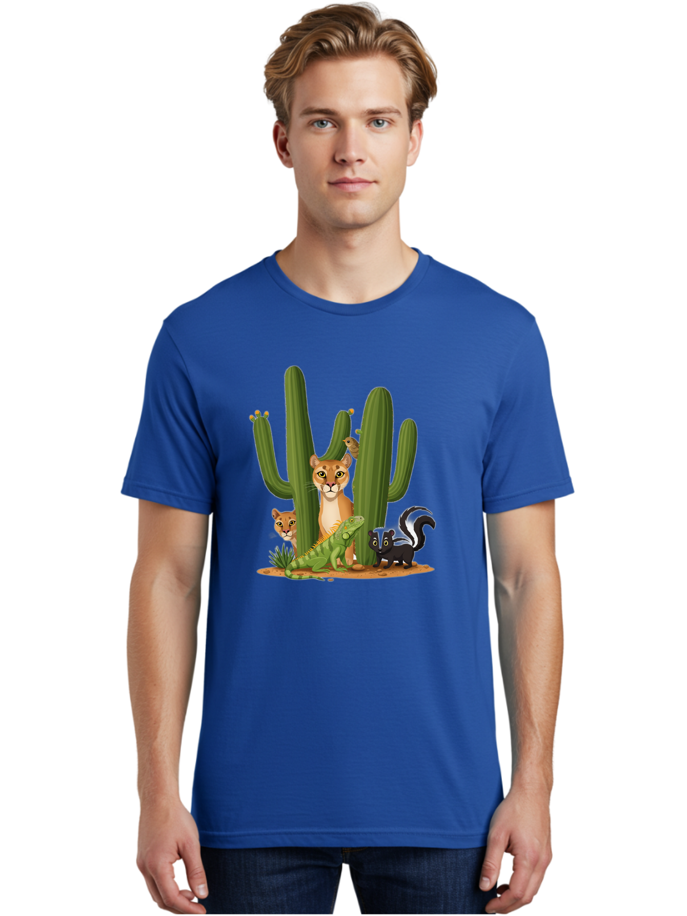 Desert-Fauna Men'S Graphic Tee, 100% Cotton, Comfortable Casual Summer Wear, Machine Washable, Cartoon Mountain Lion, Cactus, Kitten, Lizard, Skunk, Desert Animals, Wildlife, Cartoon Wildlife, Funny Animals, Desert Scenery, Cuddly Animals Bac986