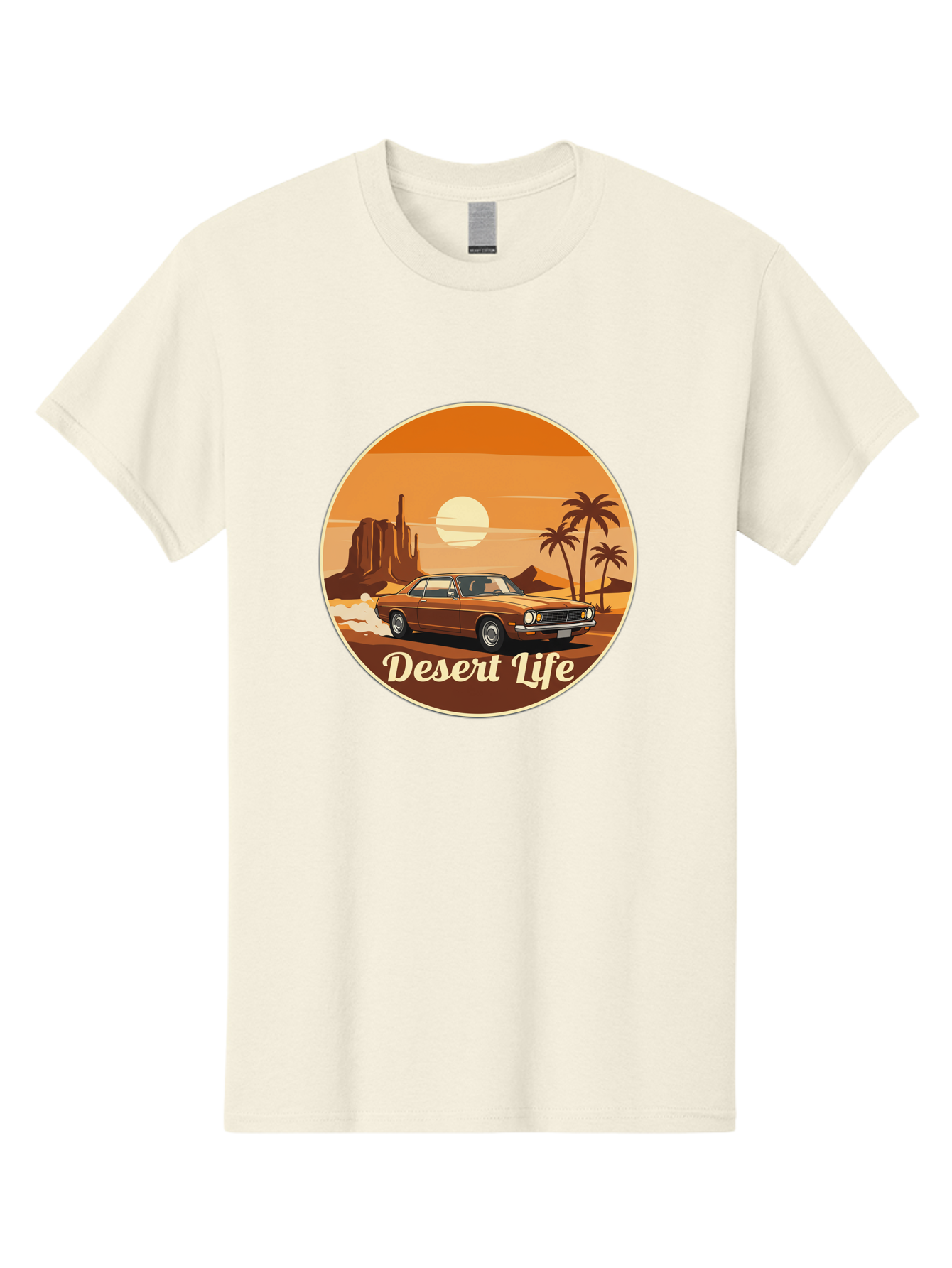 Desert-Life-1 Men'S Graphic Tee, 100% Cotton, Comfortable Casual Summer Wear, Machine Washable, Vintage Car, Desert Landscape, Rocky Formation, Palm Trees, Sunset, Orange Hues, Classic Automobile, Adventure, Travel, Freedom, Nostalgia, Bac987