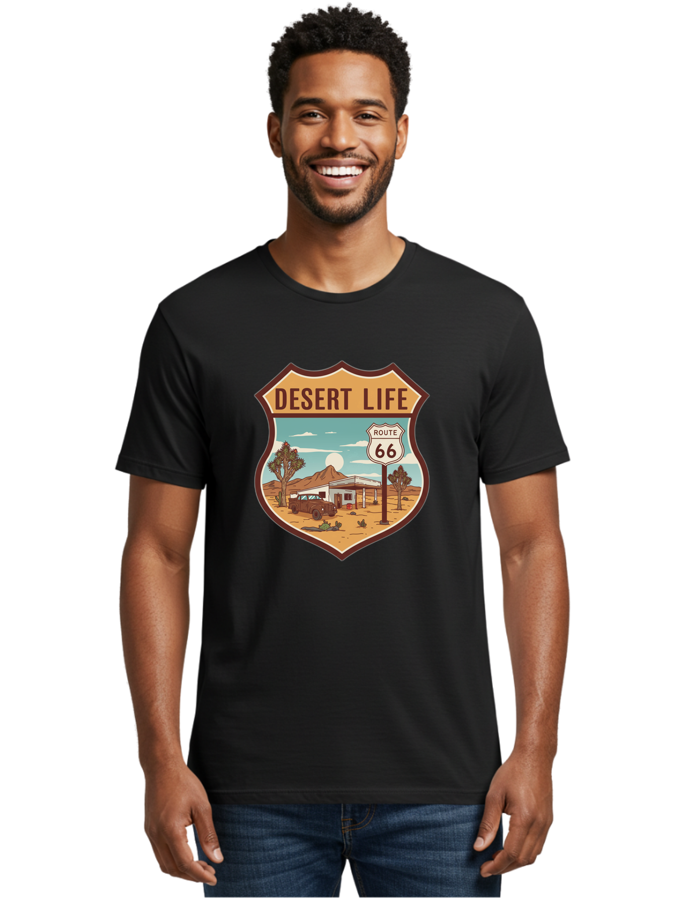 Desert-Life-2 Men'S Graphic Tee, 100% Cotton, Comfortable Casual Summer Wear, Machine Washable, Route 66, Desert Landscape, Vintage Truck, Retro-Style, Road Trip Adventure, Vintage Car, Route 66 Sign, Cacti, Mountains, Open Road, Bac988