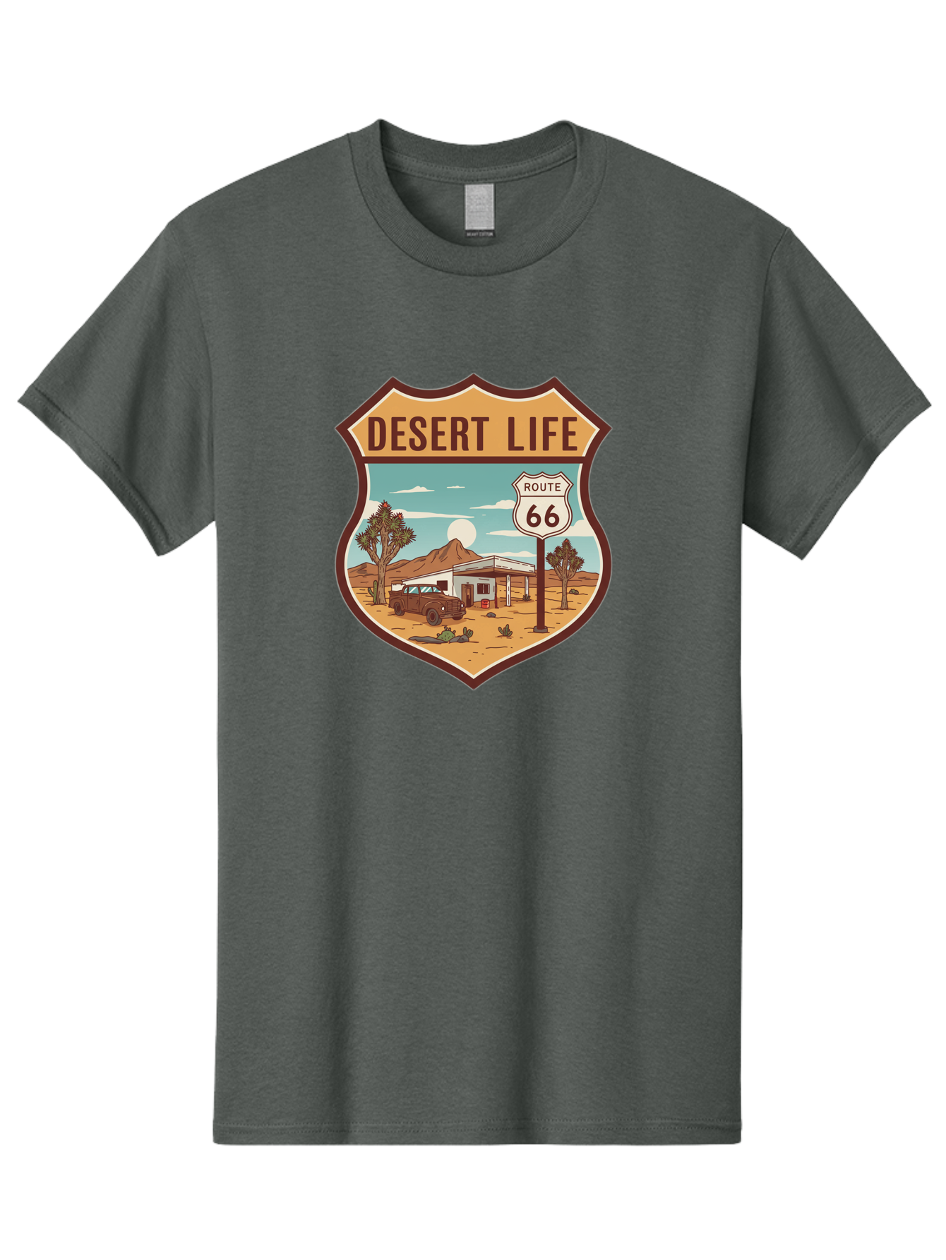 Desert-Life-2 Men'S Graphic Tee, 100% Cotton, Comfortable Casual Summer Wear, Machine Washable, Route 66, Desert Landscape, Vintage Truck, Retro-Style, Road Trip Adventure, Vintage Car, Route 66 Sign, Cacti, Mountains, Open Road, Bac988