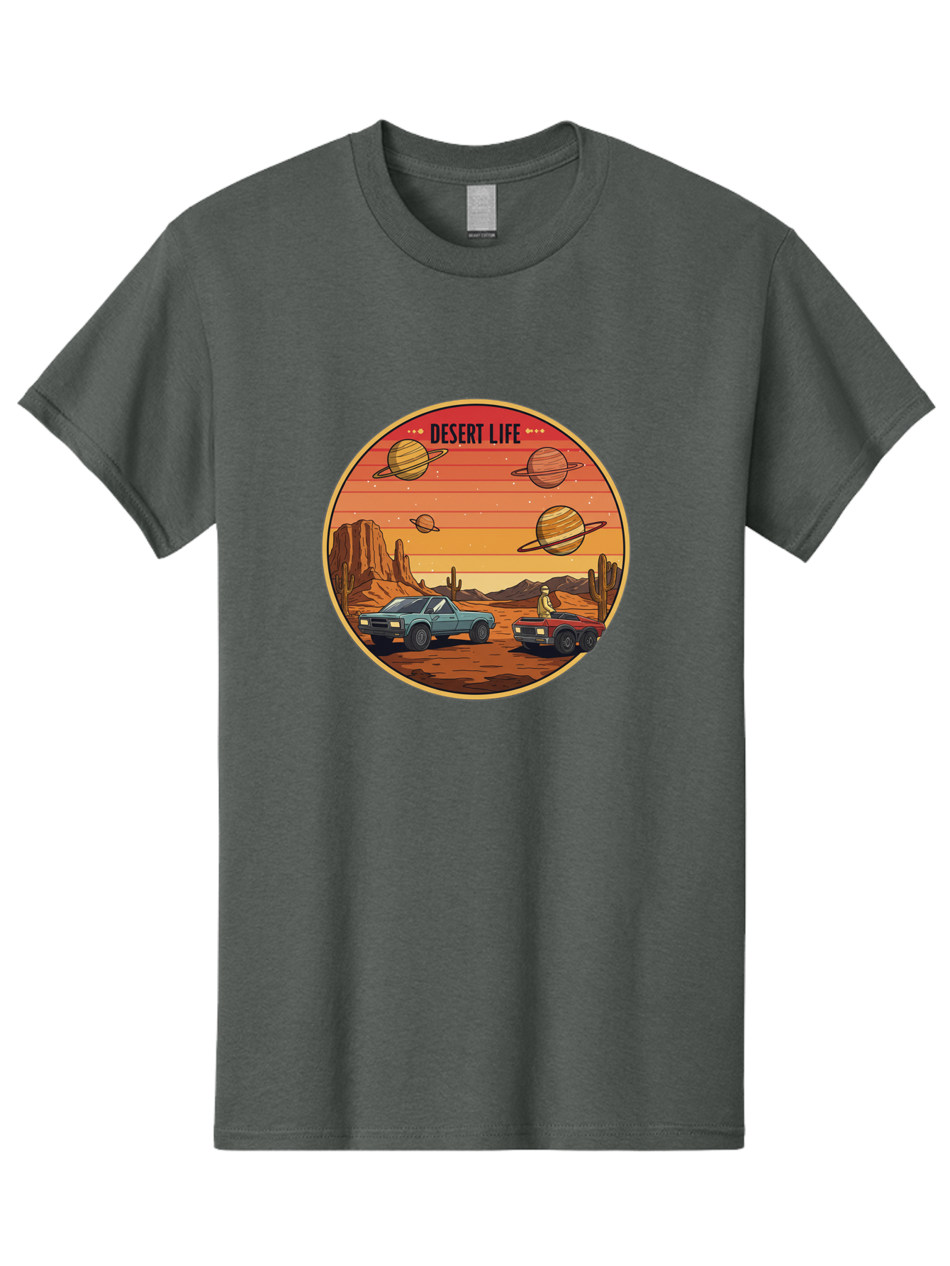 Desert-Life-3 Men'S Graphic Tee, 100% Cotton, Comfortable Casual Summer Wear, Machine Washable, Desert Landscape, Vintage Cars, Futuristic Planets, Rocky Terrain, Orange Sunset, Adventure Scene, Retro-Futuristic, Space Travel, Bac989