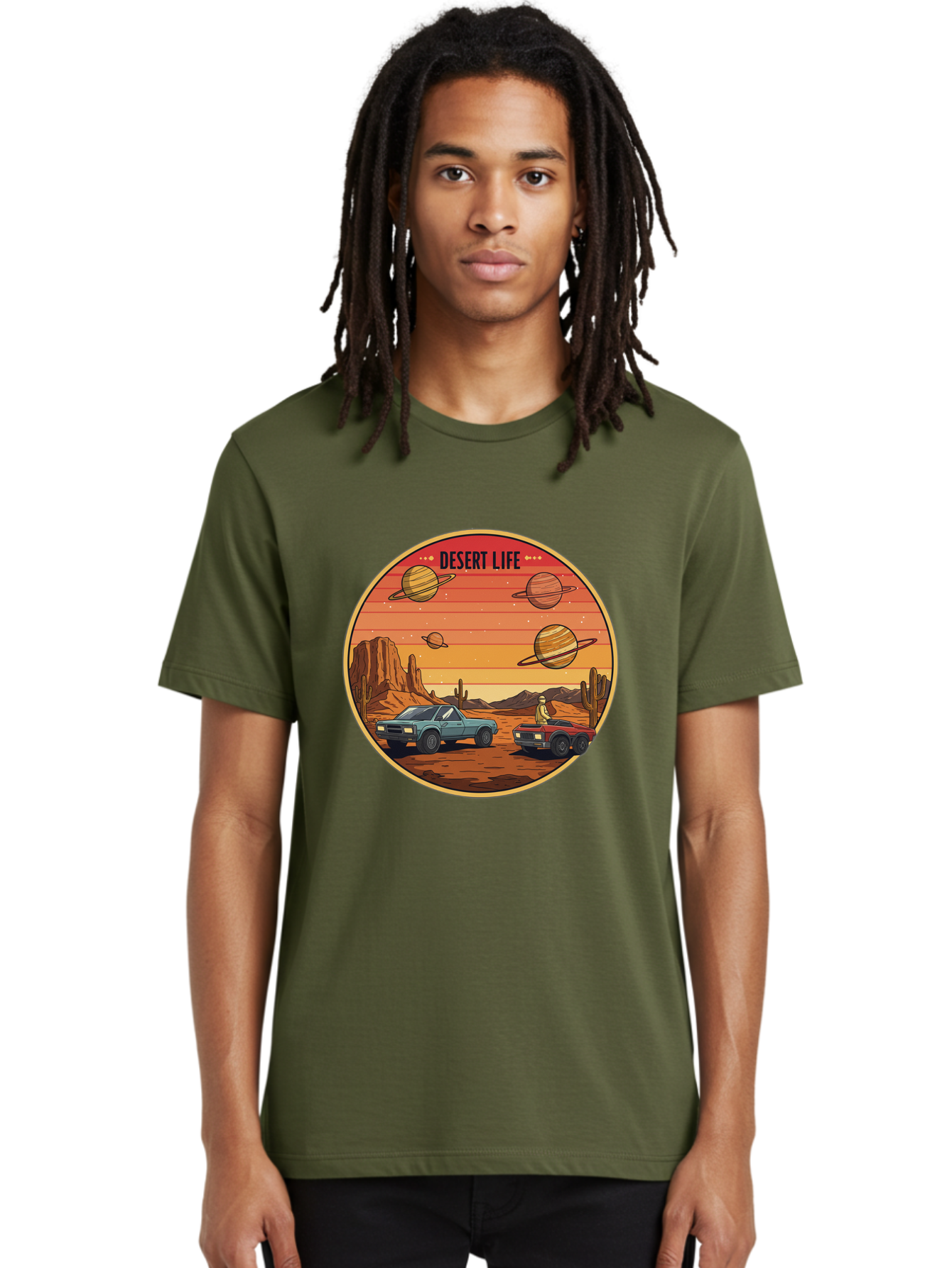 Desert-Life-3 Men'S Graphic Tee, 100% Cotton, Comfortable Casual Summer Wear, Machine Washable, Desert Landscape, Vintage Cars, Futuristic Planets, Rocky Terrain, Orange Sunset, Adventure Scene, Retro-Futuristic, Space Travel, Bac989